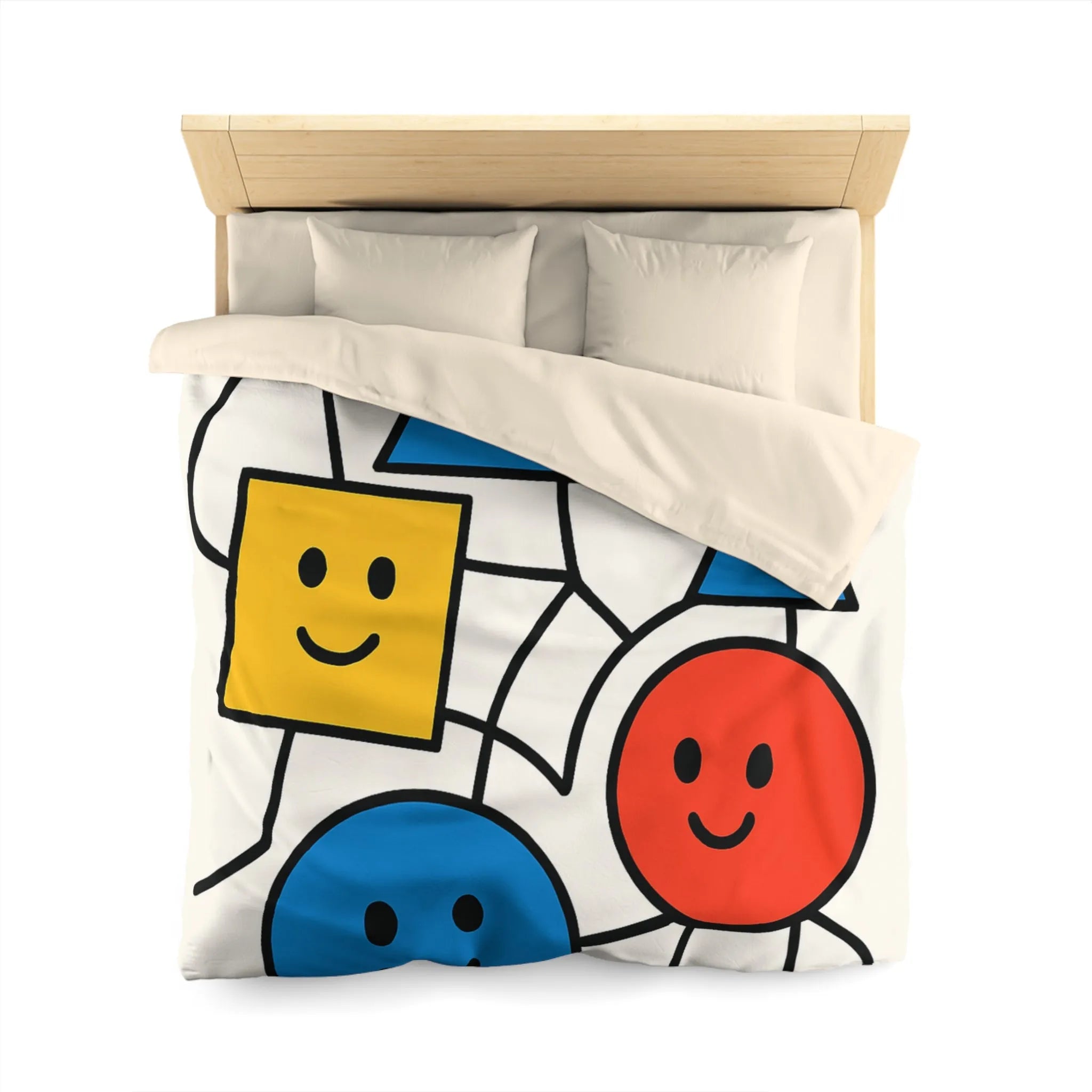 Housse de couette colorée avec formes géométriques amusantes et visages souriants pour enfants