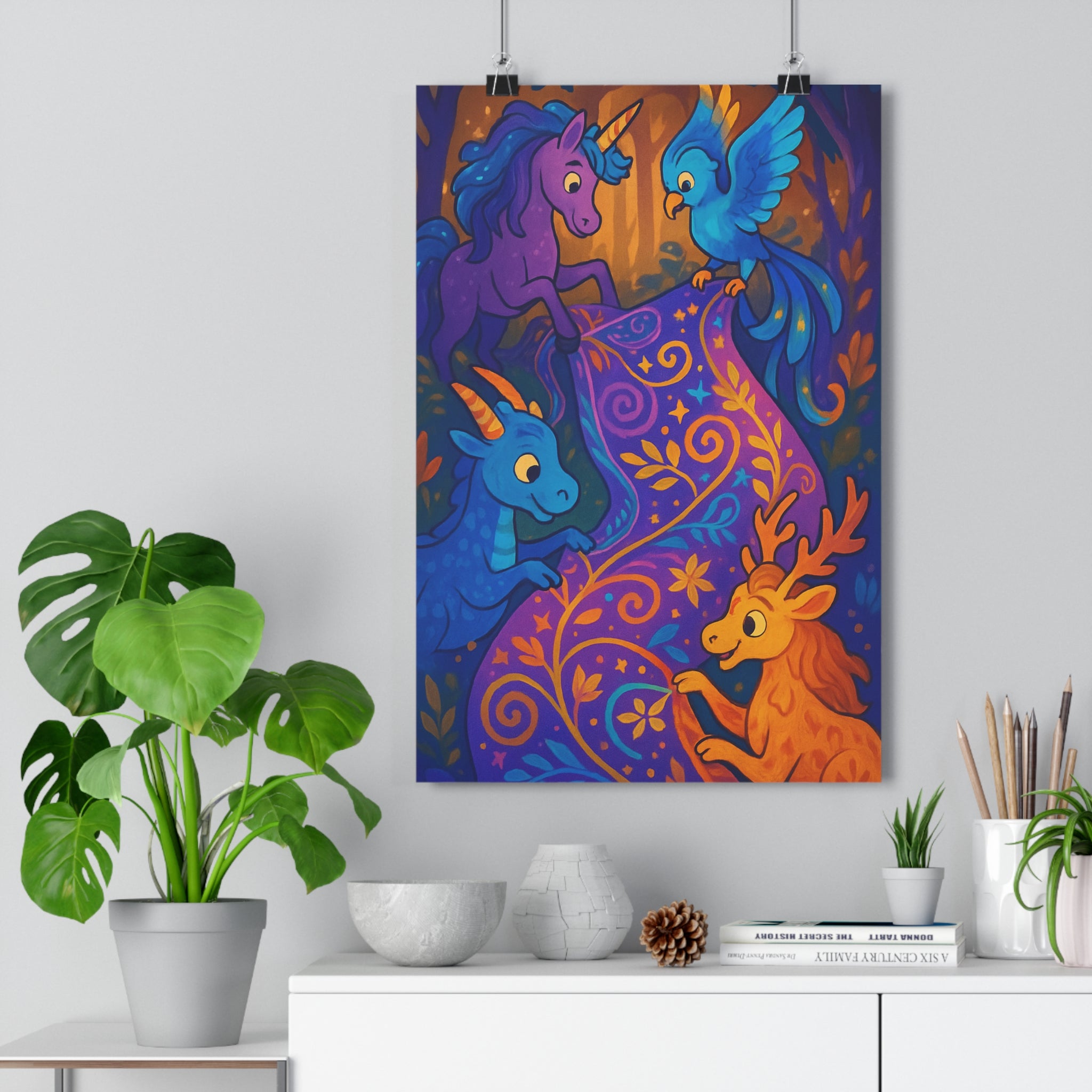 Poster décoratif fantaisie féerique violet bleu orange dragon licorne oiseau cerf magique chambre salon