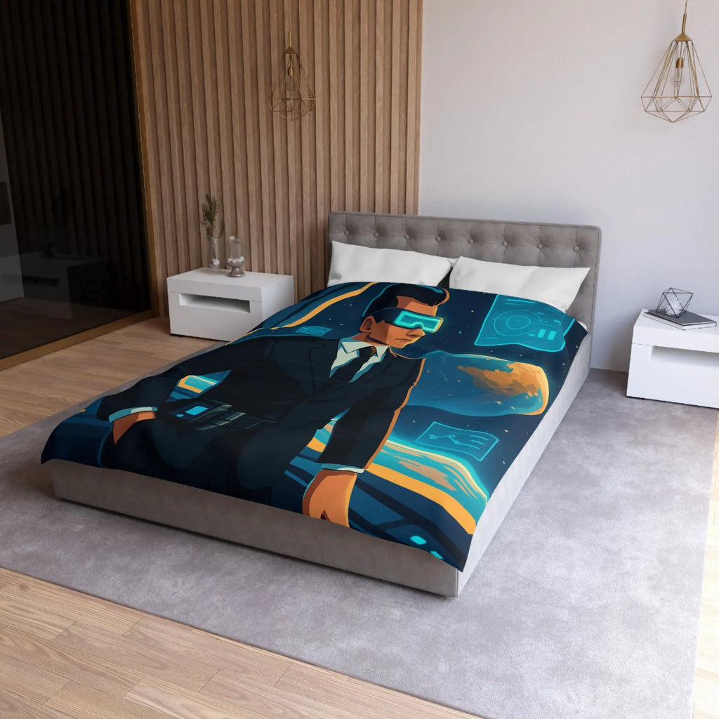 Housse de couette futuriste avec agent spatial et paysages cosmiques numériques immersifs