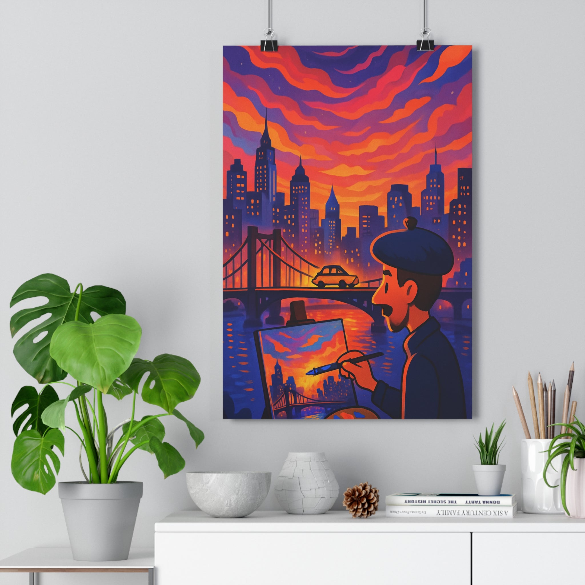 Poster décoratif moderne vibrant orange violet urbain rêveur salon bureau artistique 30x46 taxi paysage