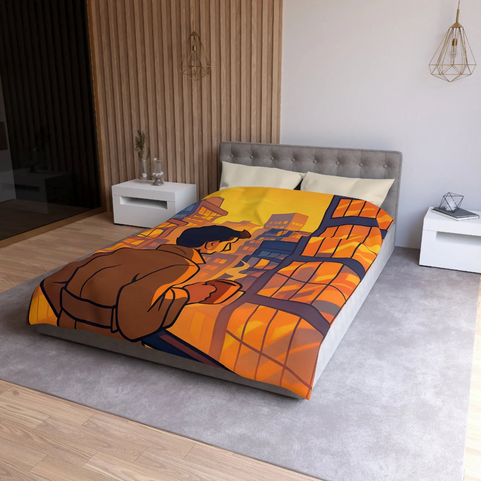 Housse de couette avec illustration urbaine au coucher de soleil et silhouette masculine