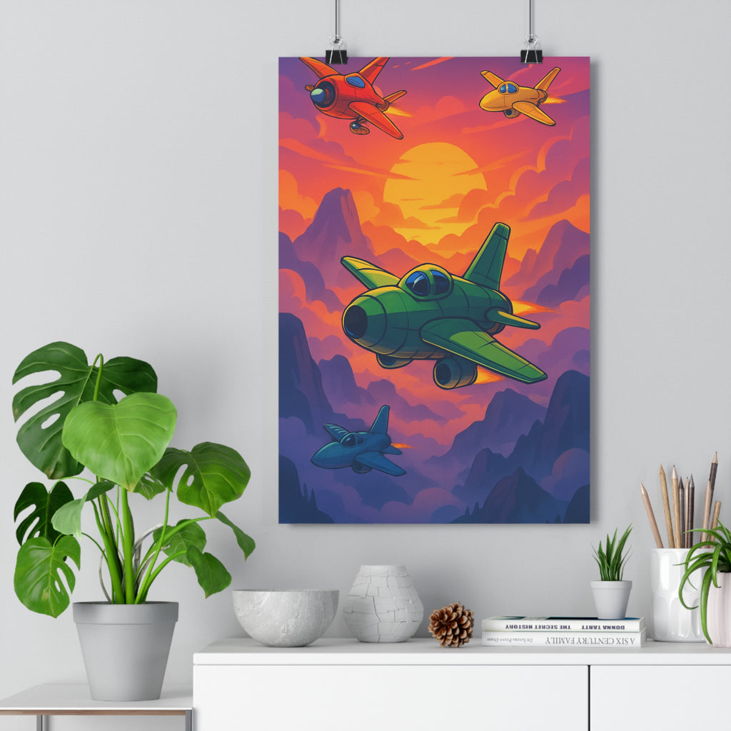 Poster décoratif anime vibrant rouge jaune bleu aventure chambre salon coucher soleil paysage stylisé