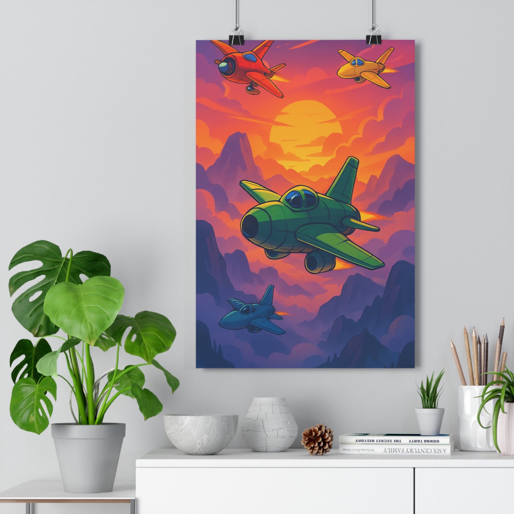 Poster décoratif anime vibrant rouge jaune bleu aventure chambre salon coucher soleil paysage stylisé