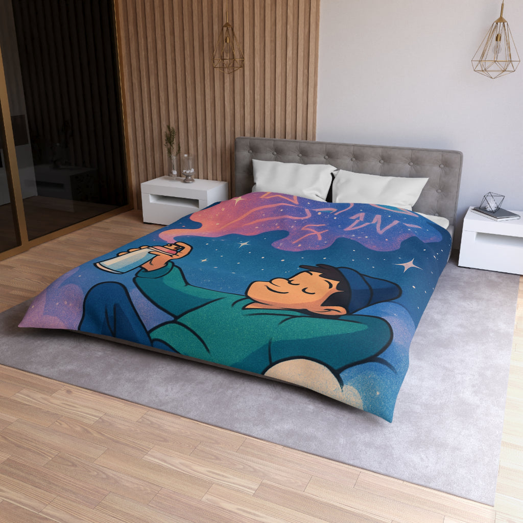 Housse de couette rêve étoilé avec jeune garçon et spray cosmique coloré