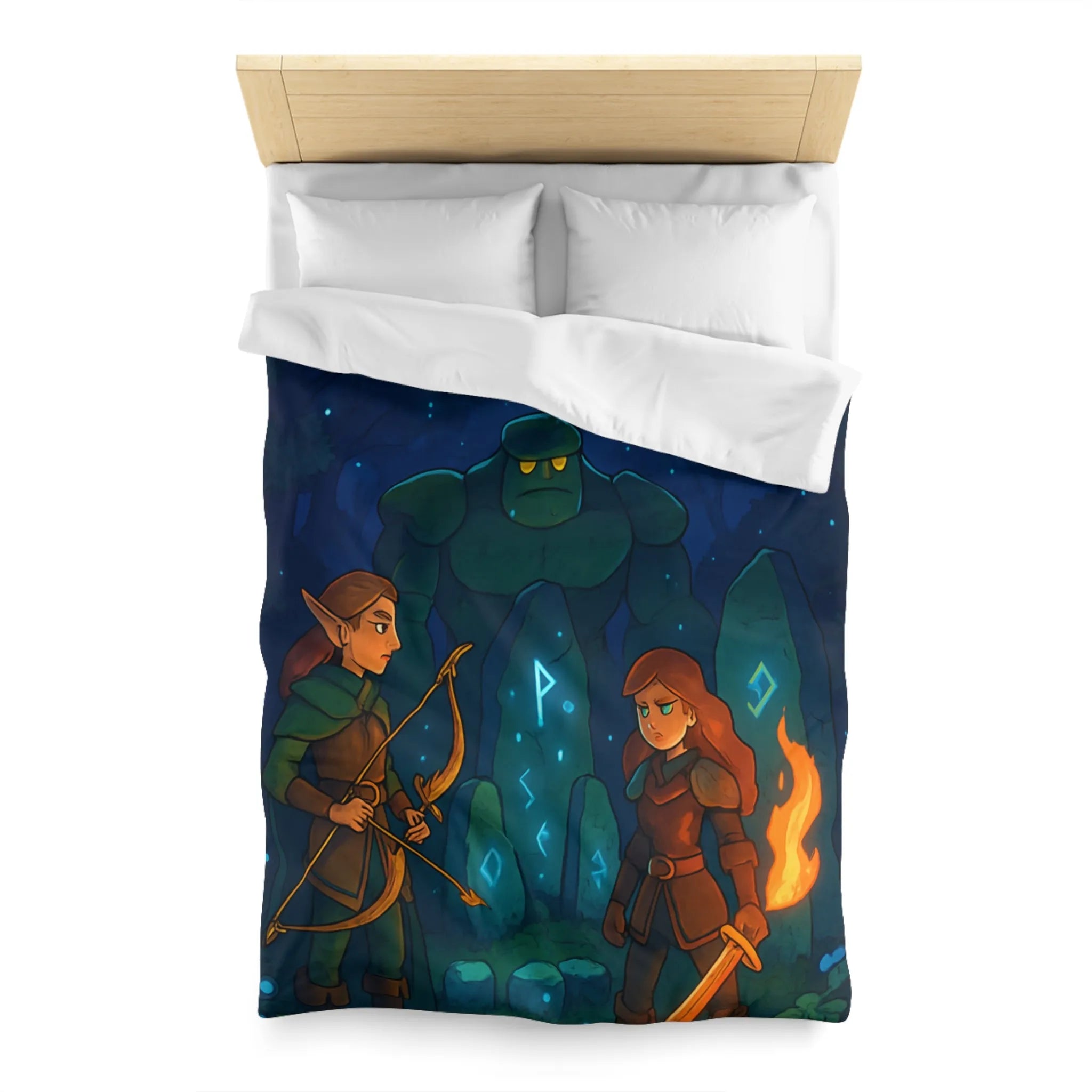 Housse de couette avec illustration de forêt mystique illuminée par runes magiques et lune