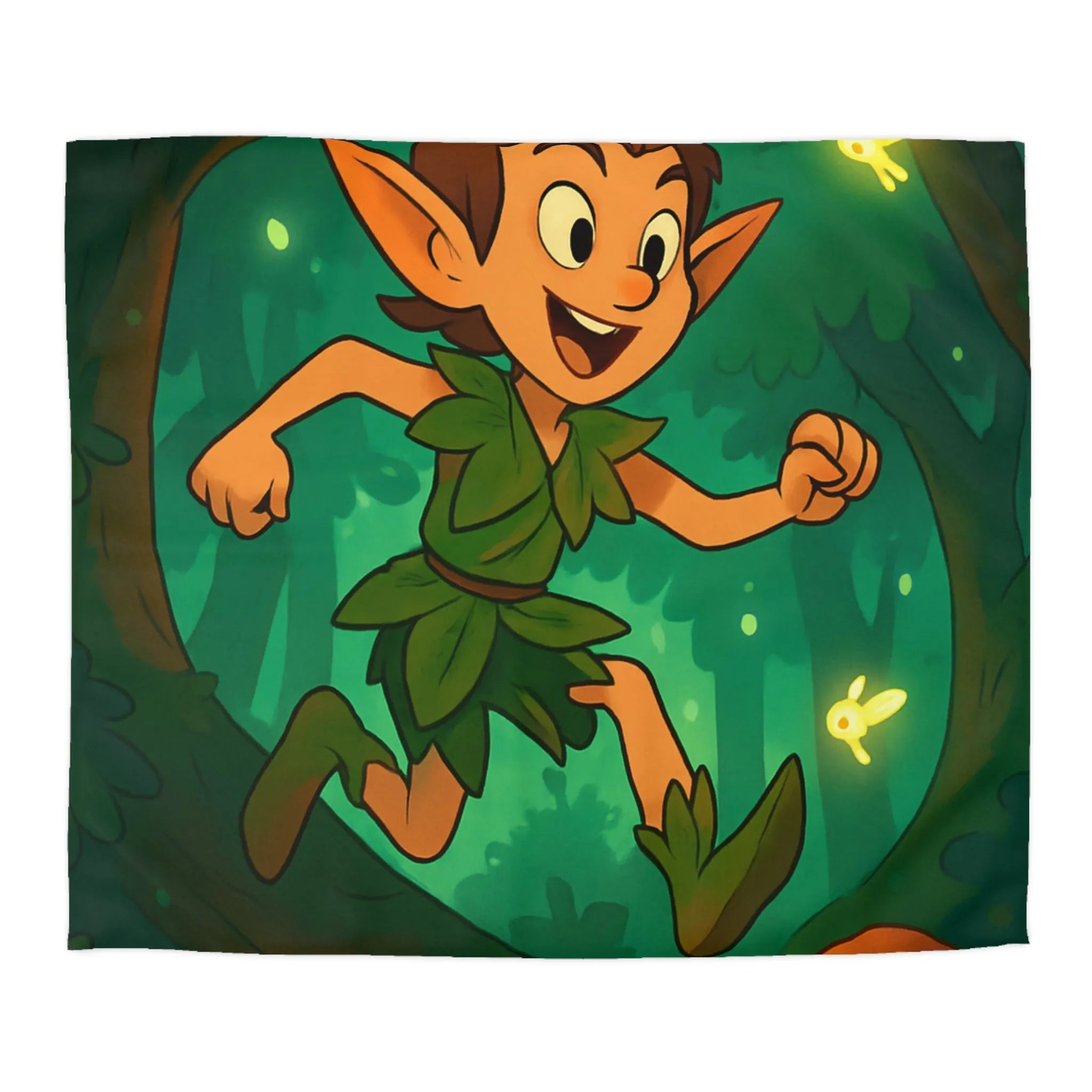 Housse de couette féérique avec elfes sautant parmi champignons lumineux en forêt