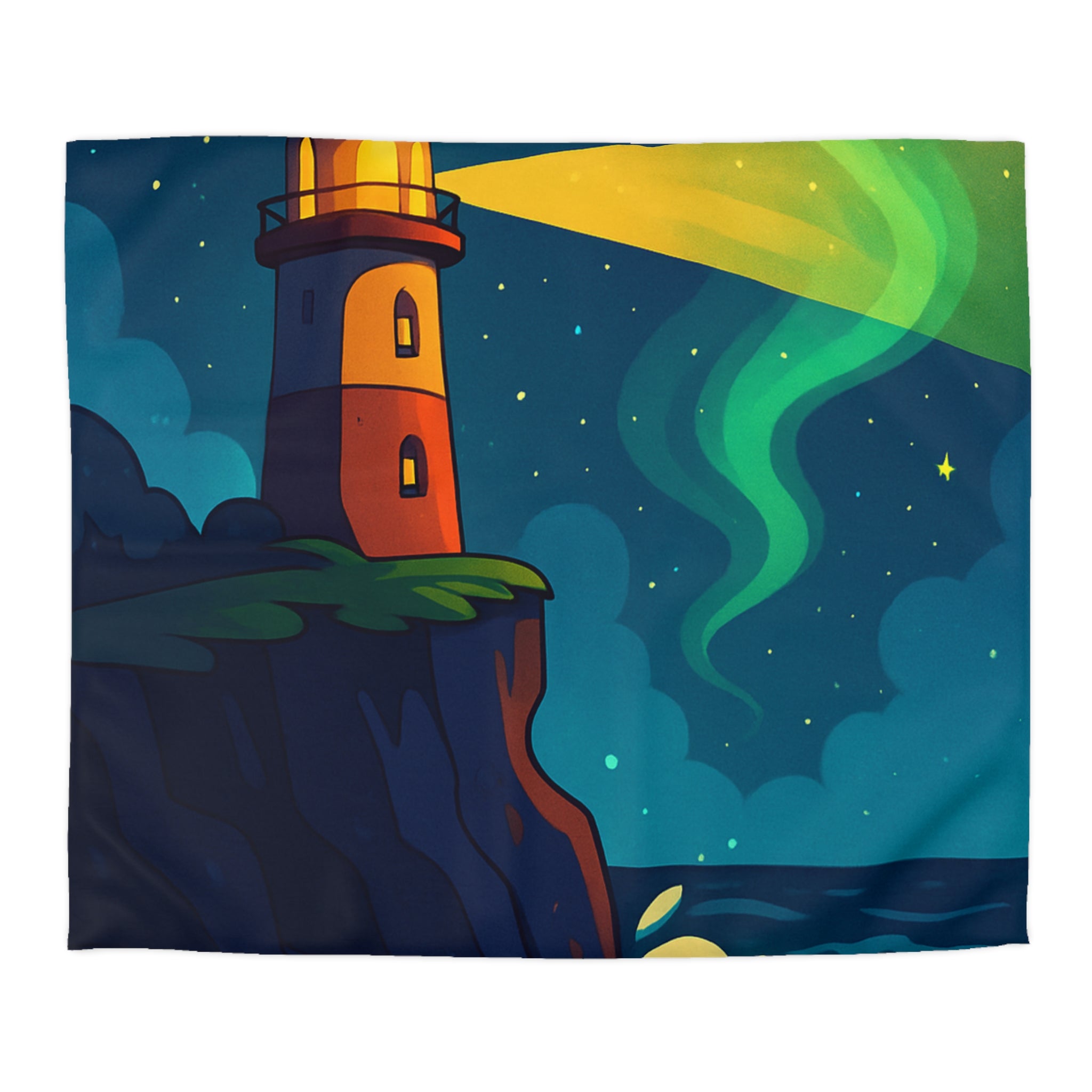 Housse de couette phare rouge illuminant océan étoilé, paysage nocturne inspirant rêve.