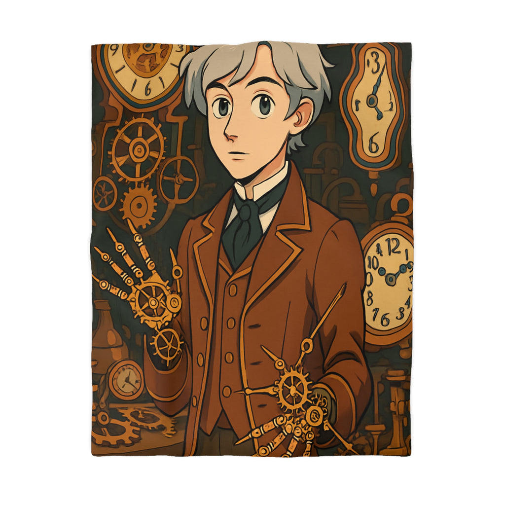 Housse de couette steampunk avec horloges et personnage stylé en tenue victorienne