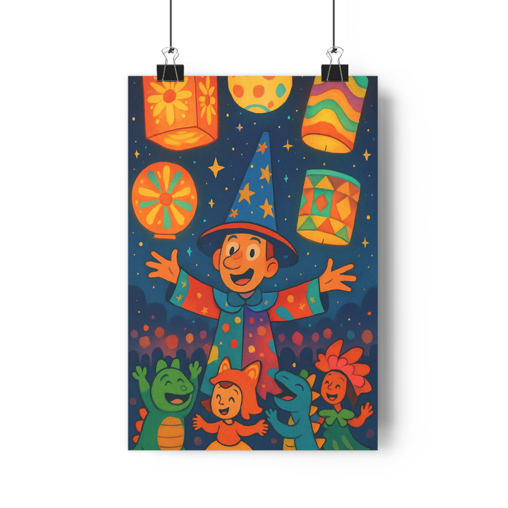 Poster décoratif enchanteur bleu orange vert jaune joyeux enfant chambre festival magique lanternes créatif