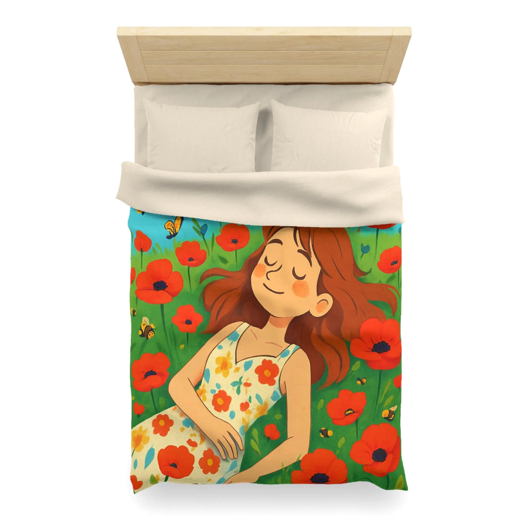 Housse de couette colorée avec motif floral et personnage rêveur en été ensoleillé