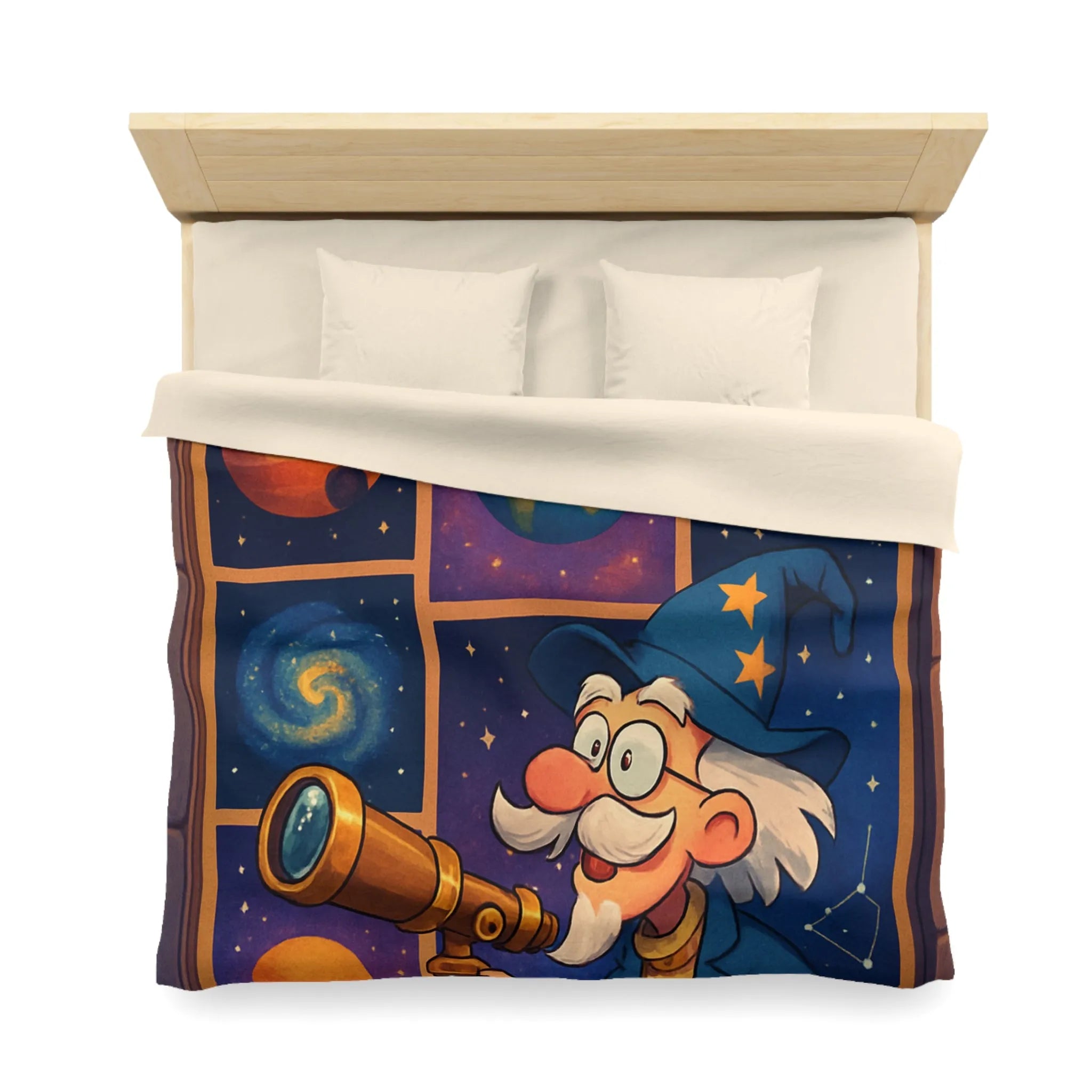 Housse de couette colorée avec astronome et planètes pour chambre d'enfant magique