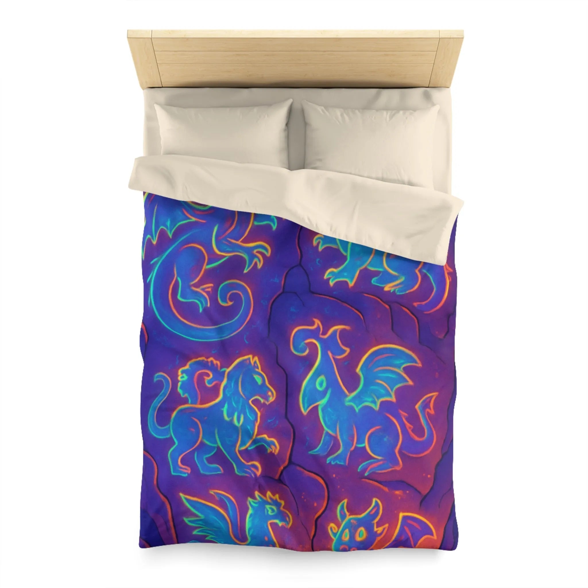 Housse de Couette Fantastique avec Dragons Lumineux en Style Néon Bleu et Orange