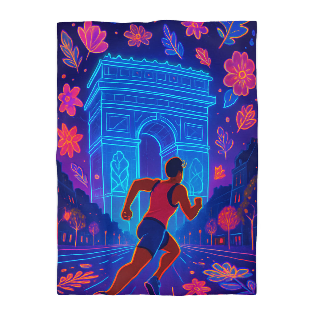 Housse de Couette Vibrante : Coureur Devant Monuments et Fleurs Scintillantes de Paris