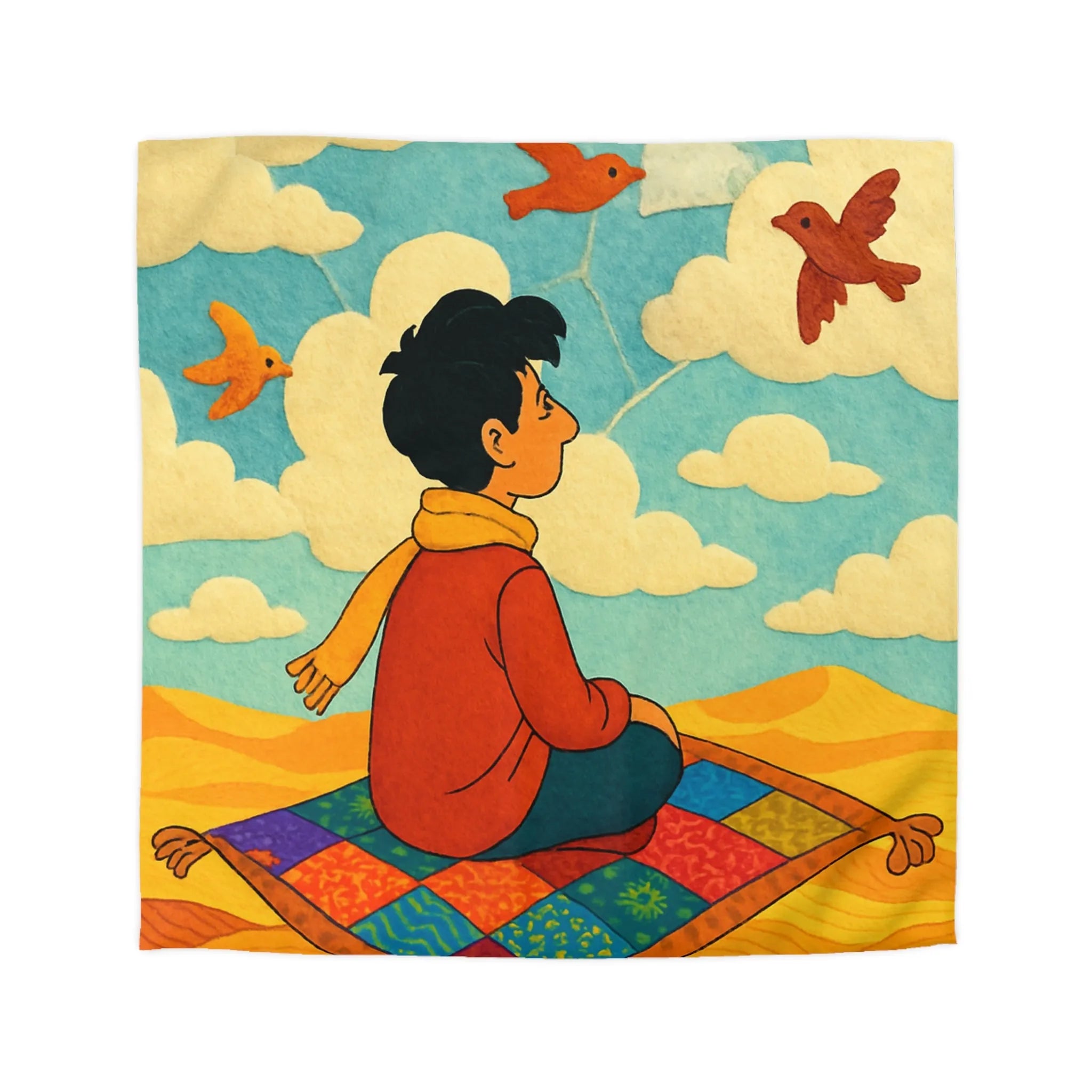 Housse de couette magique avec tapis volant et oiseaux colorés dans le ciel