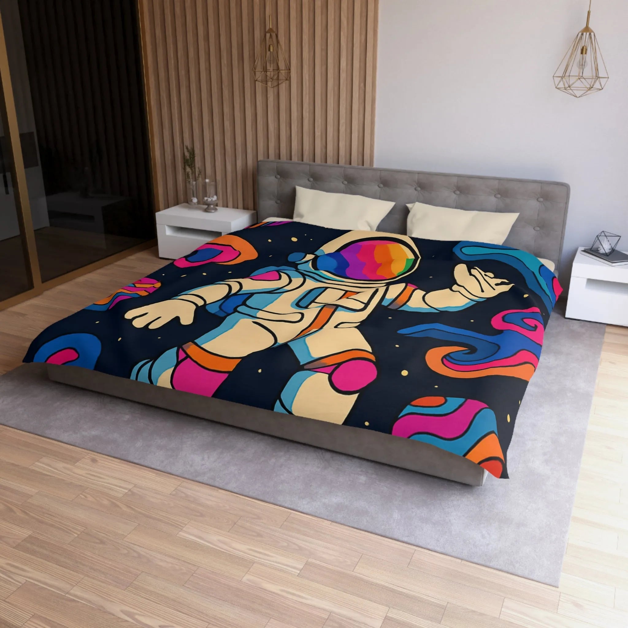 Housse de Couette Astronaute Psychédélique dans l’Espace avec Planètes Colorées et Fusées