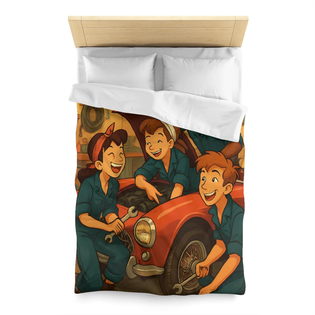 Housse de couette atelier mécanique vintage avec jeunes mécaniciens et voiture rouge joyeuse