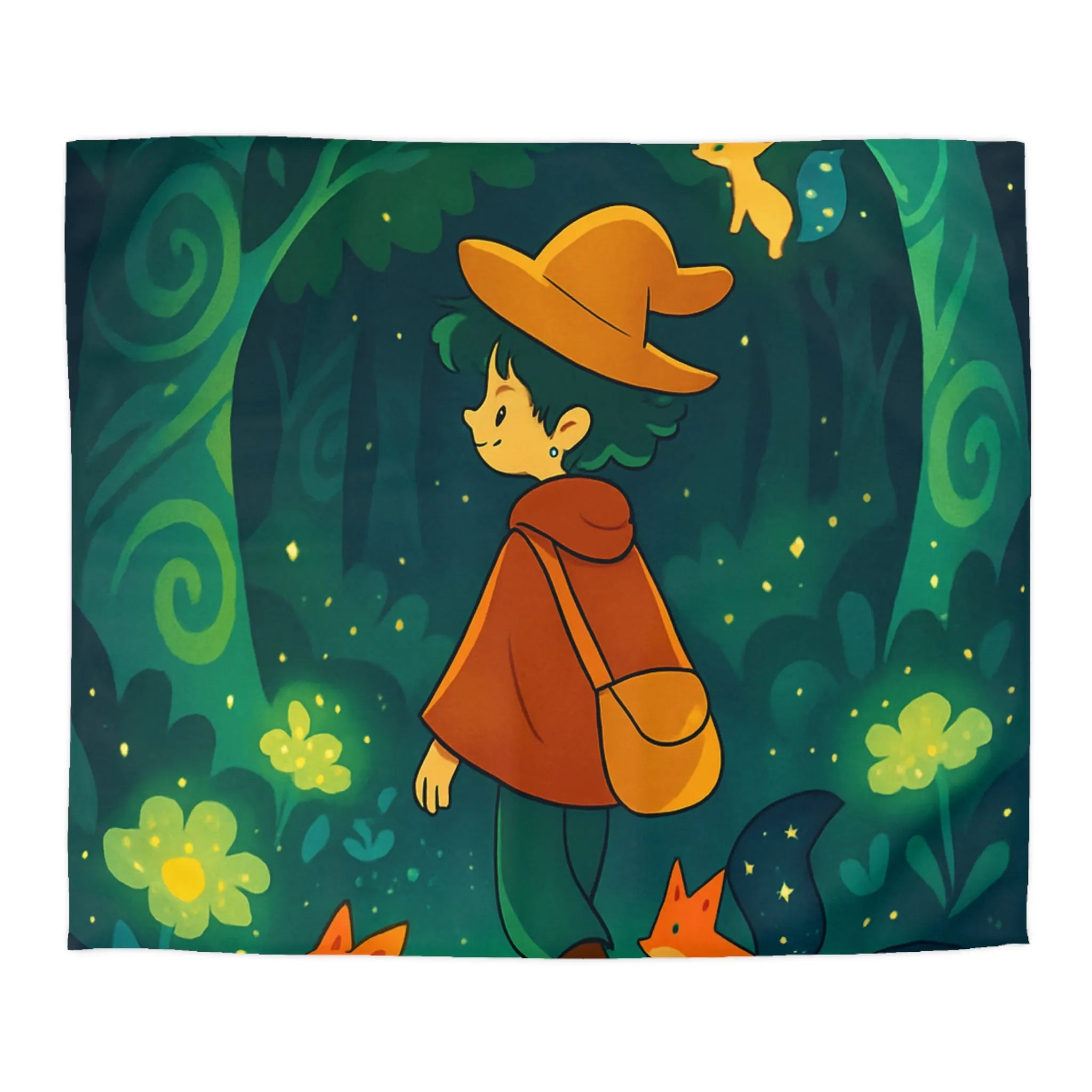 Housse de couette enchantée forêt nocturne avec renards et aventurier chapeau orange