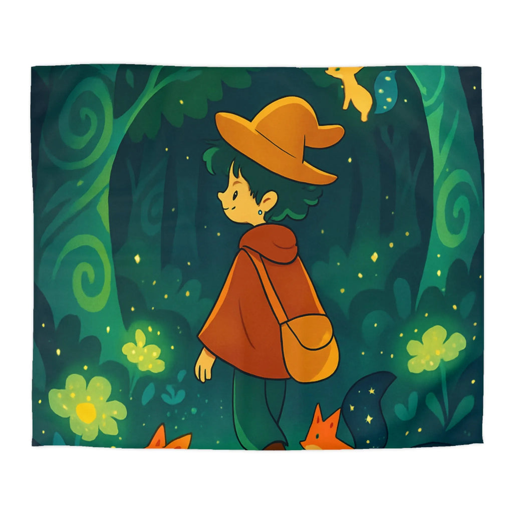 Housse de Couette Forêt Enchantée Enfants Renards Orange Jaune Vert Fantaisie Nuit