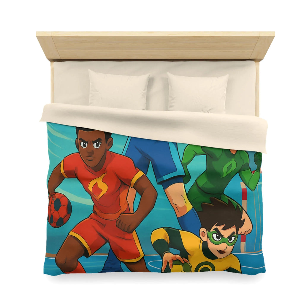 Housse de couette colorée super-héros, style bande dessinée sports, enfants aventure dynamique