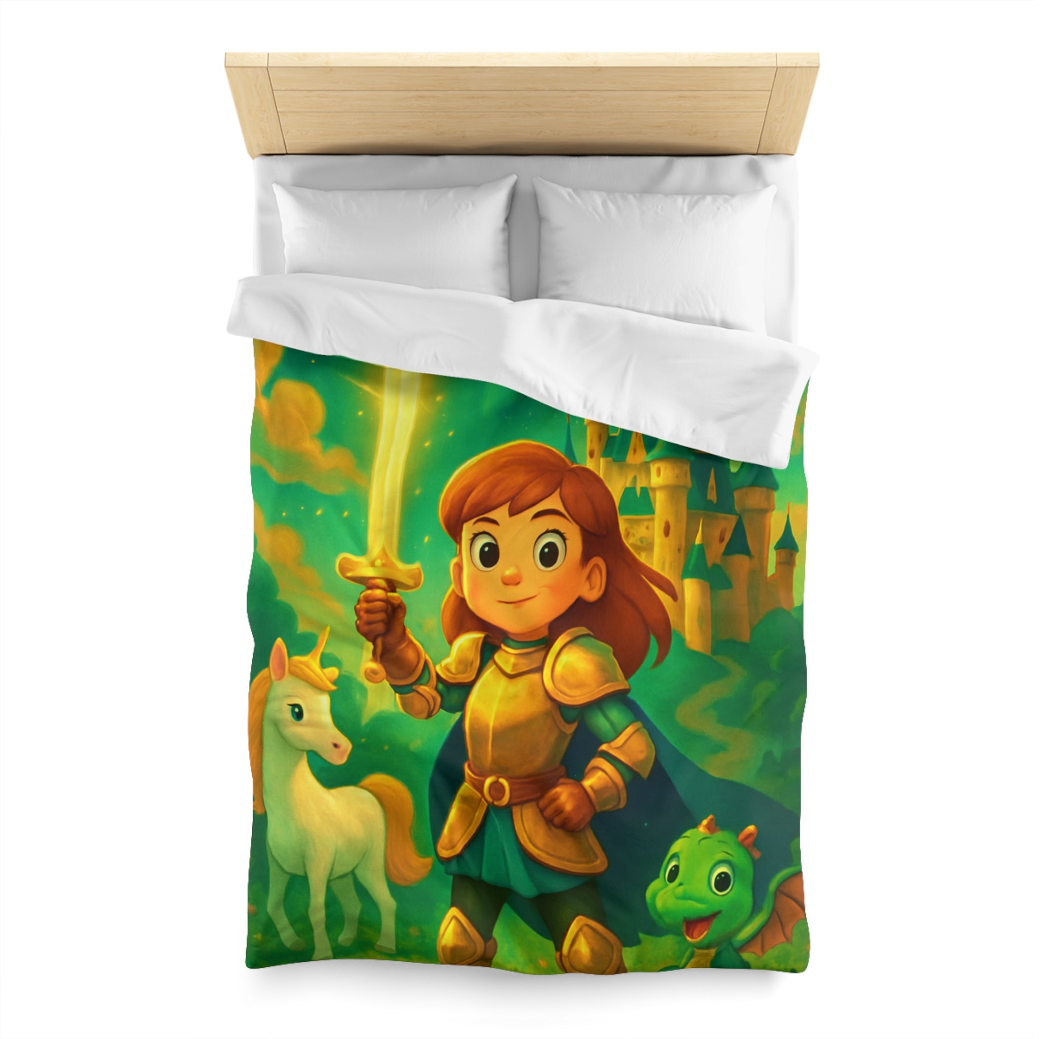 Housse de couette pour enfants avec chevalier, château et animaux fantastiques