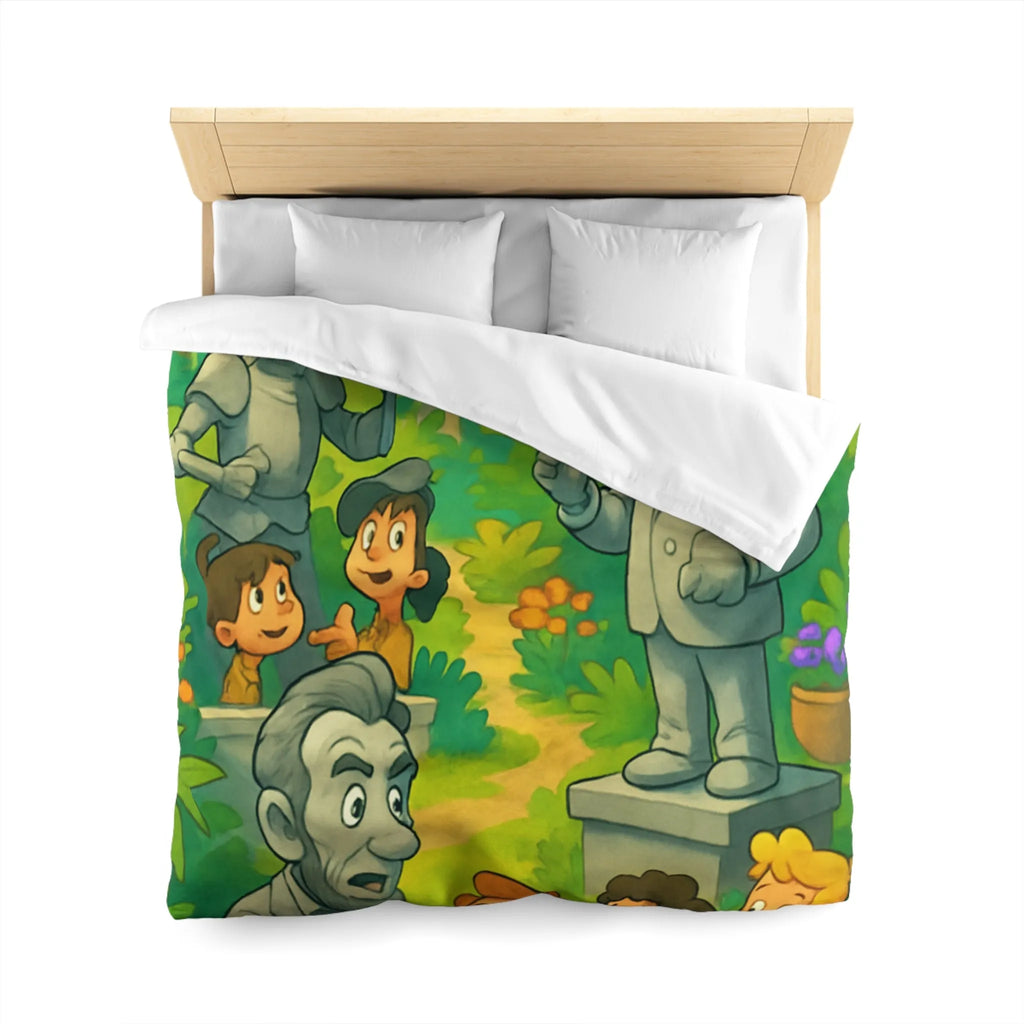 Housse de couette illustrée avec personnages historiques et enfants dans un jardin coloré