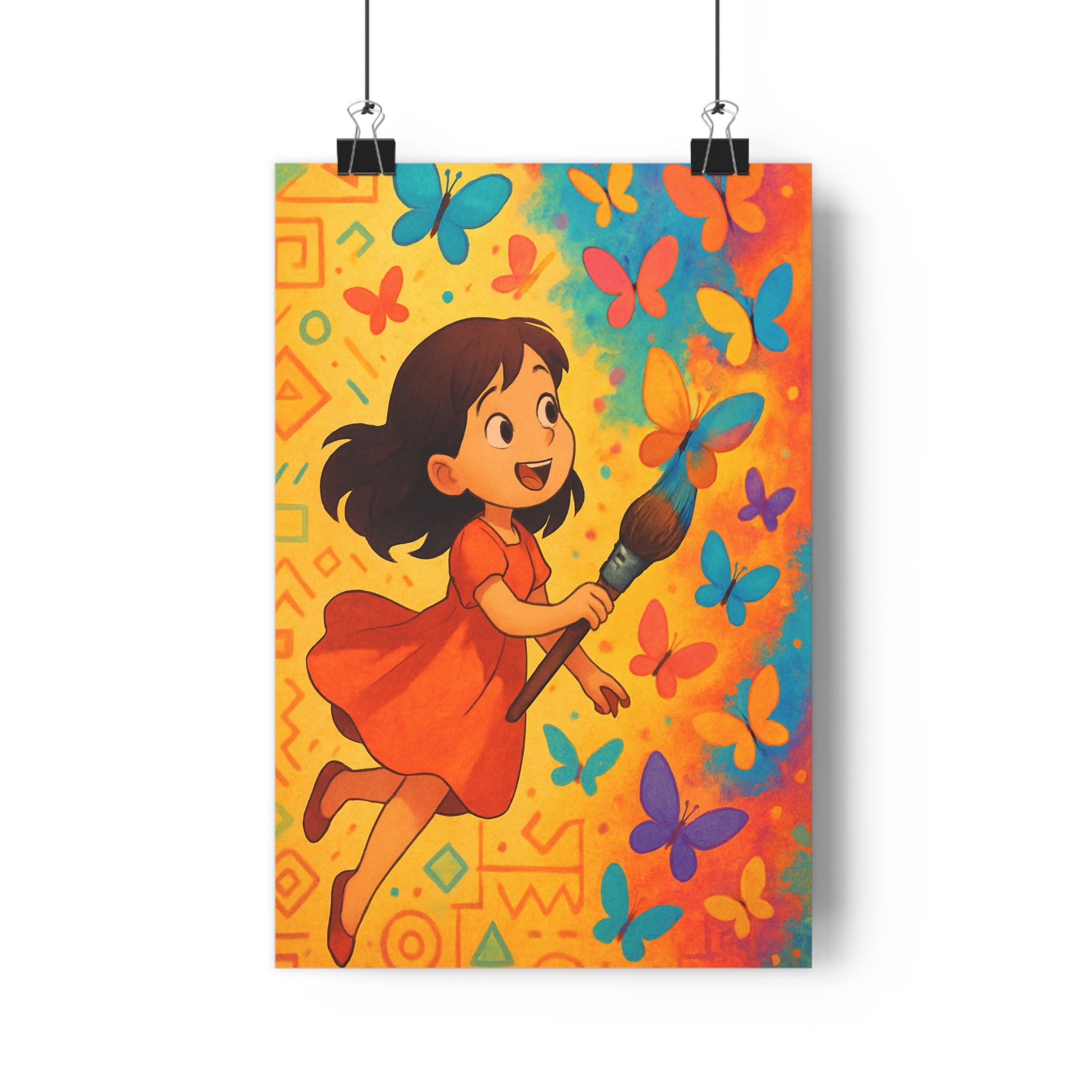 Poster décoratif animé fille orange papillons colorés joyeux créatif chambre vibrant géométrique 30x46 qualité