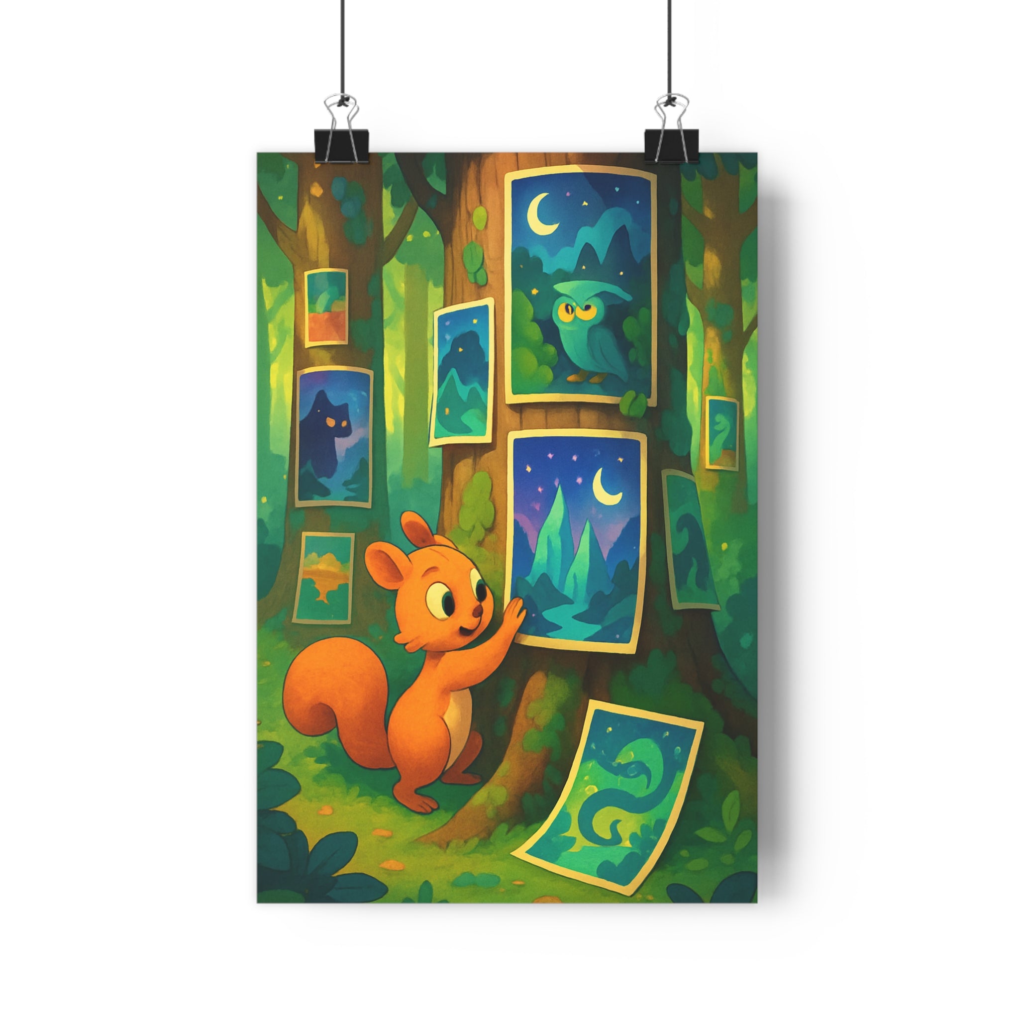 Poster décoratif féérique forêt enchantée écureuil hibou vert violet bleu chambre enfant qualité premium