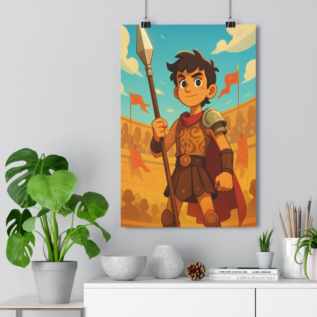 Poster décoratif gladiateur cartoon rouge doré aventure épique chambre garçon ado dynamique couleurs vivantes