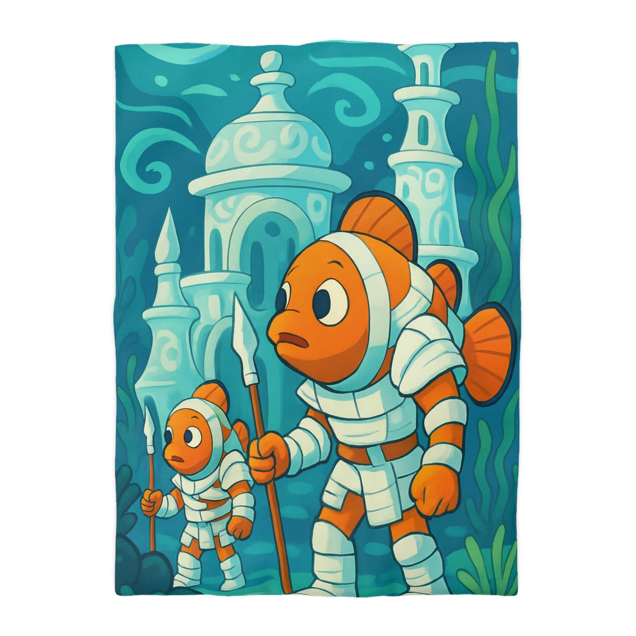 Intriguante housse de couette poissons en armure explorant un royaume sous-marin magique