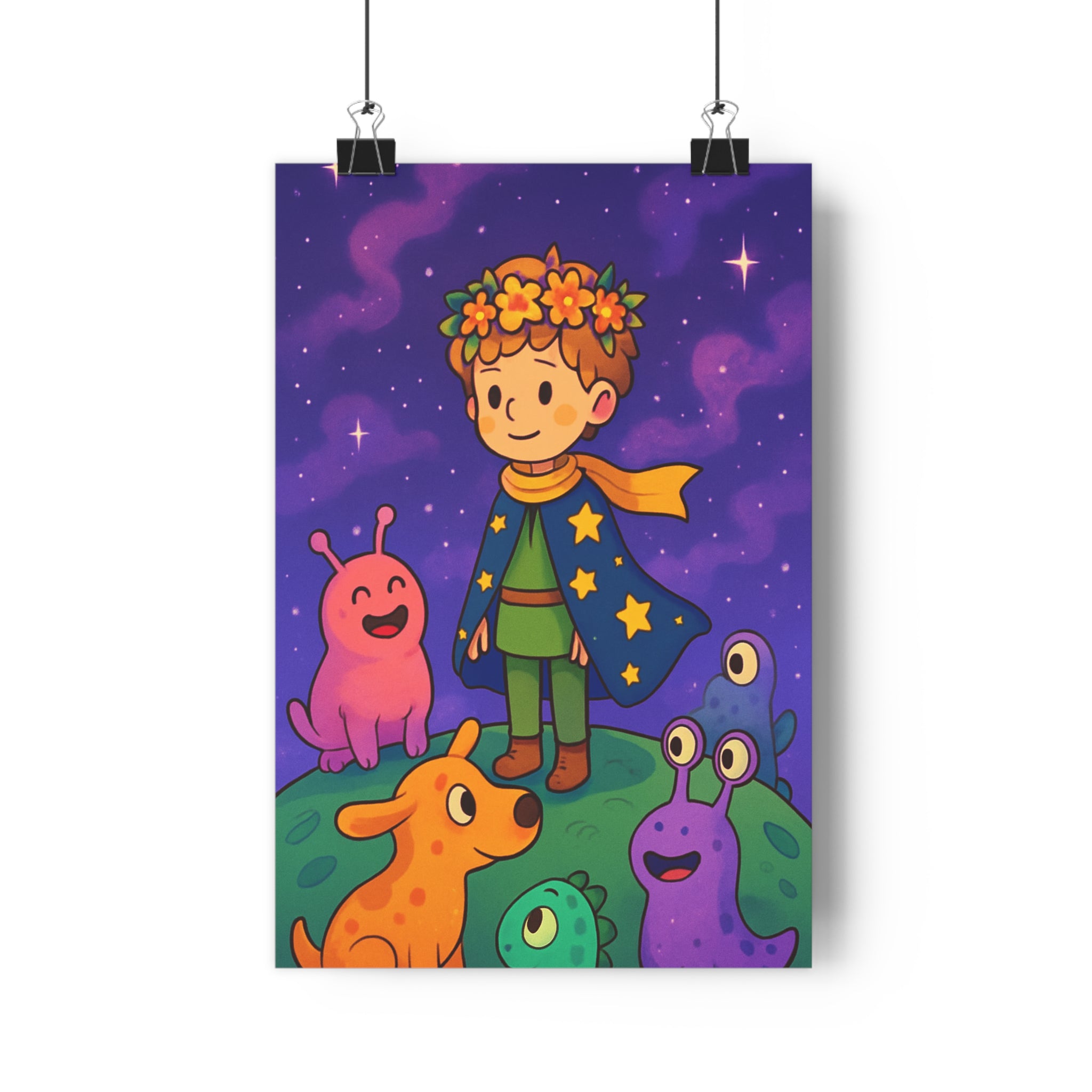 Poster décoratif fantastique enfant joyeux coloré violet rose chambre aventure créatures cape étoilé planète