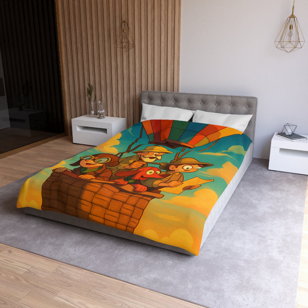 Housse de Couette Montgolfière Aventure Enfants et Chien Colorée pour Chambres Ludiques