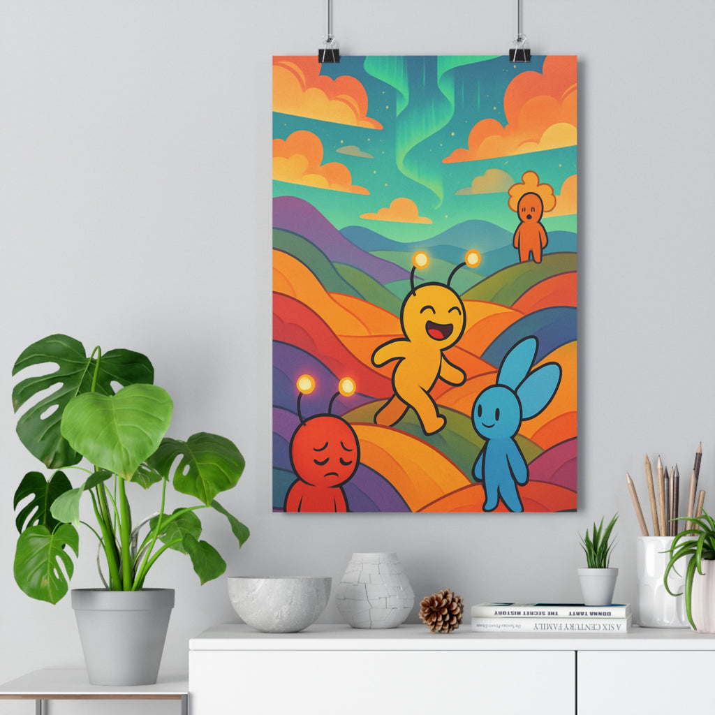 Poster décoratif fantaisie abstrait jaune bleu rouge cartoon joyeux moderne chambre salon bureau vibrant