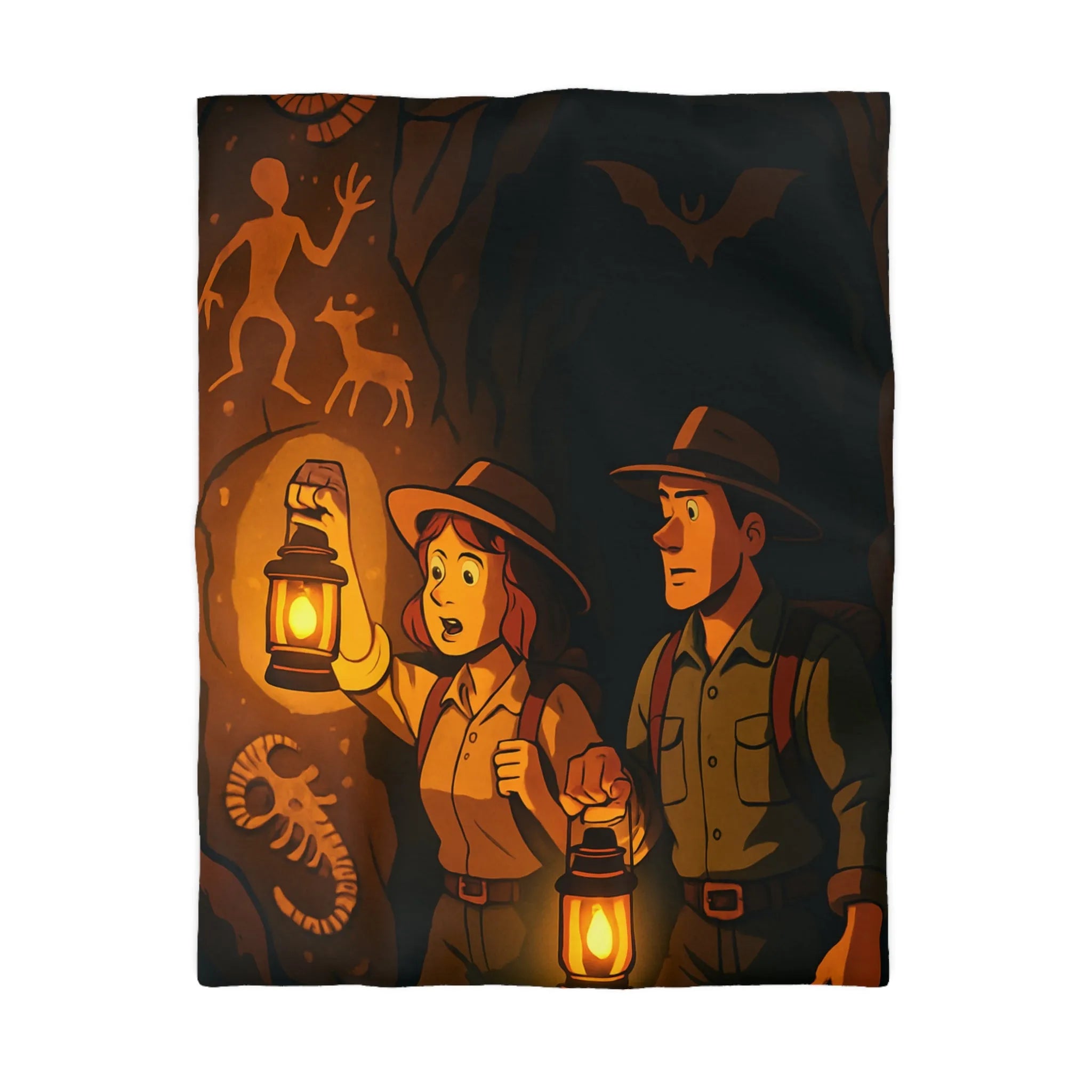 Housse de couette aventure rétro avec explorateurs et art rupestre, ambiance mystérieuse