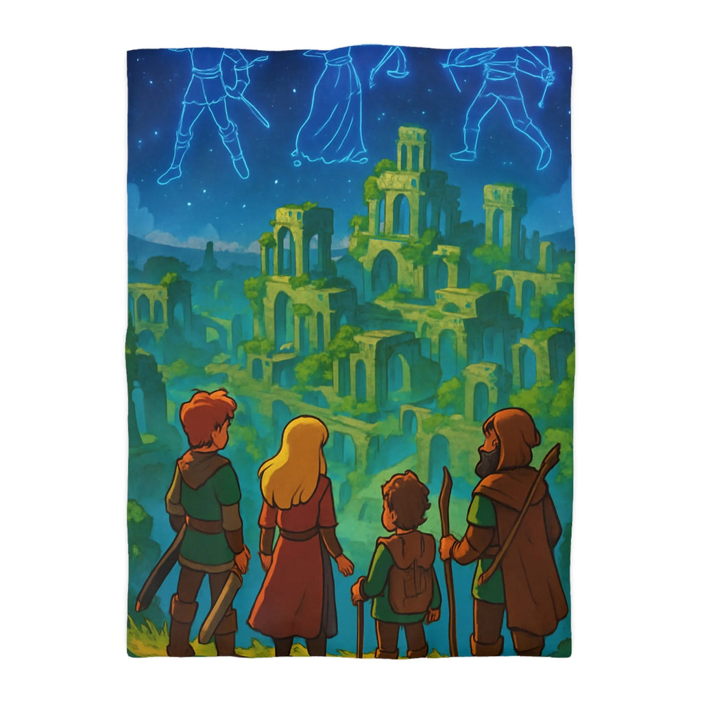 Housse de couette épique aventure héros, ruines magiques sous ciel étoilé lumineux