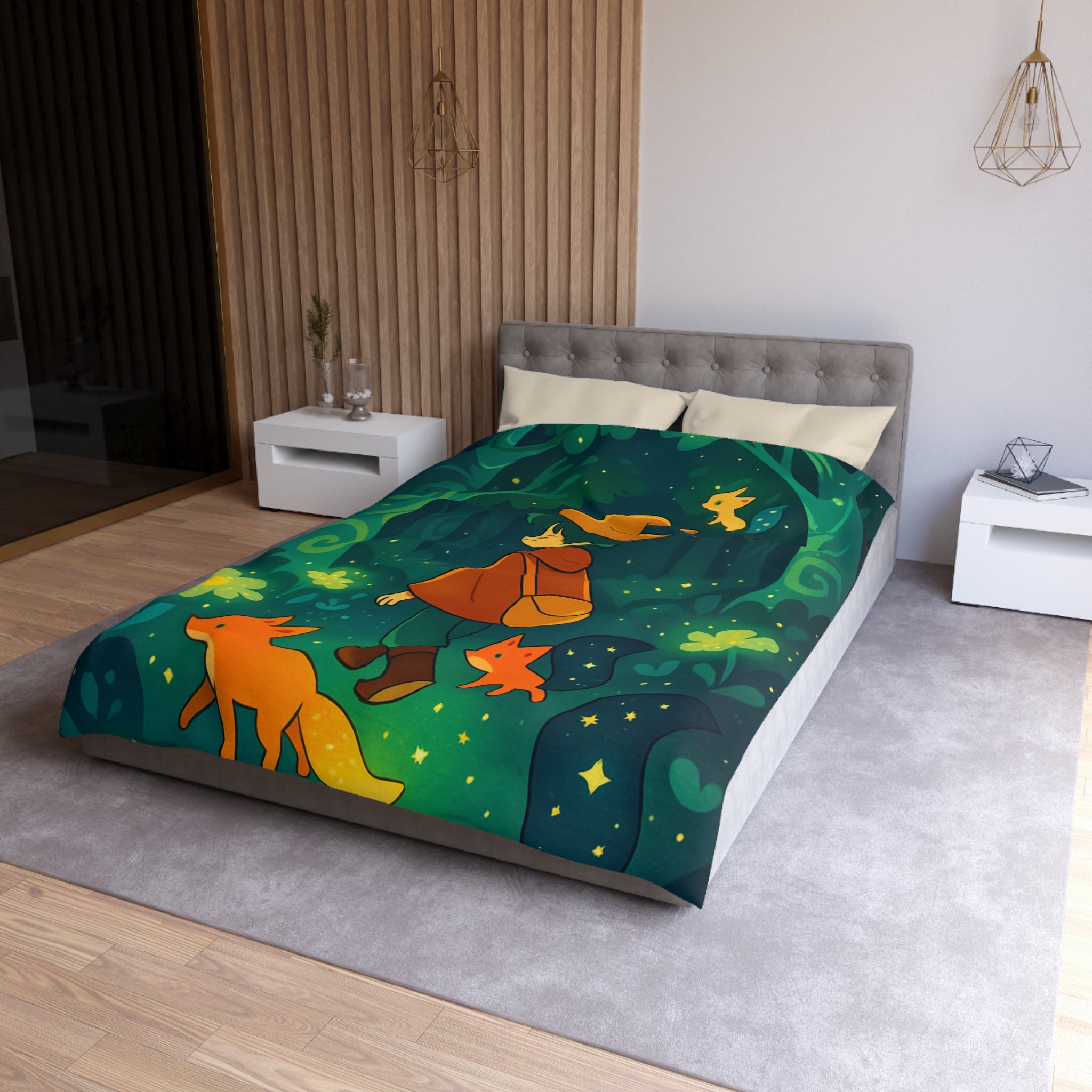 Housse de Couette Forêt Enchantée Enfants Renards Orange Jaune Vert Fantaisie Nuit