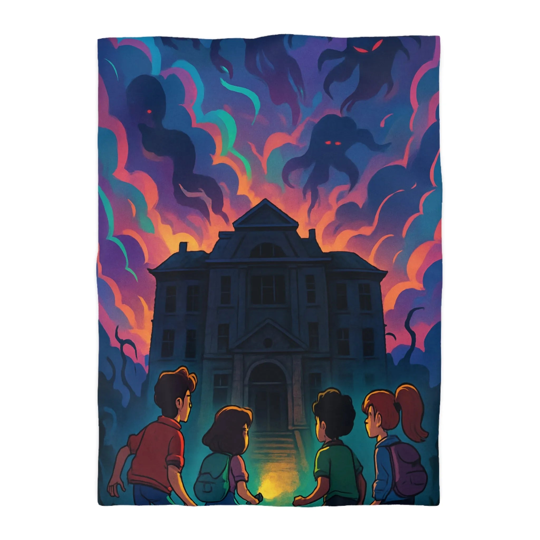Housse de couette colorée avec maison hantée et nuages effrayants pour chambre inspirée