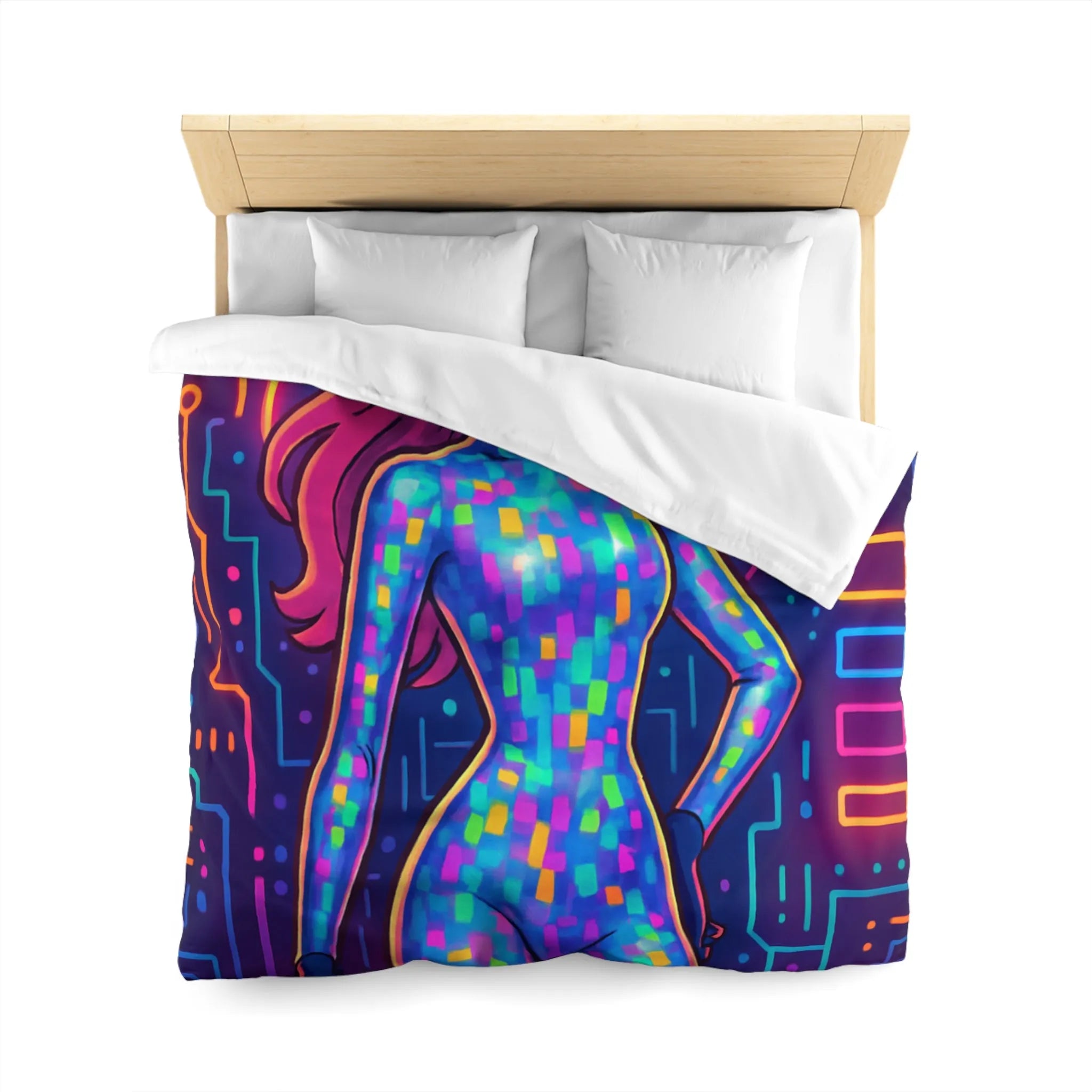 Housse de couette futuriste néon avec motif de femme cyborg colorée et lumineuse