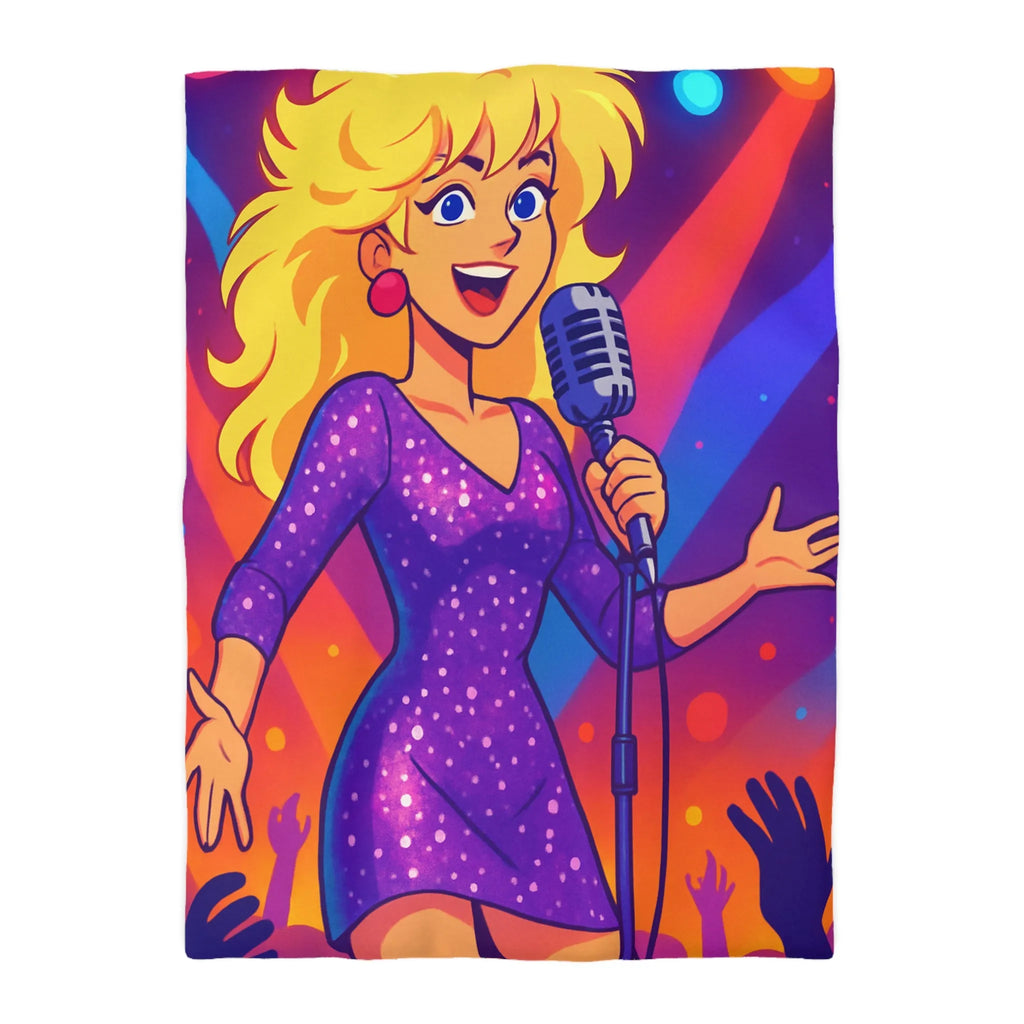 Housse de couette colorée avec chanteuse animée sous projecteurs en scène dynamique