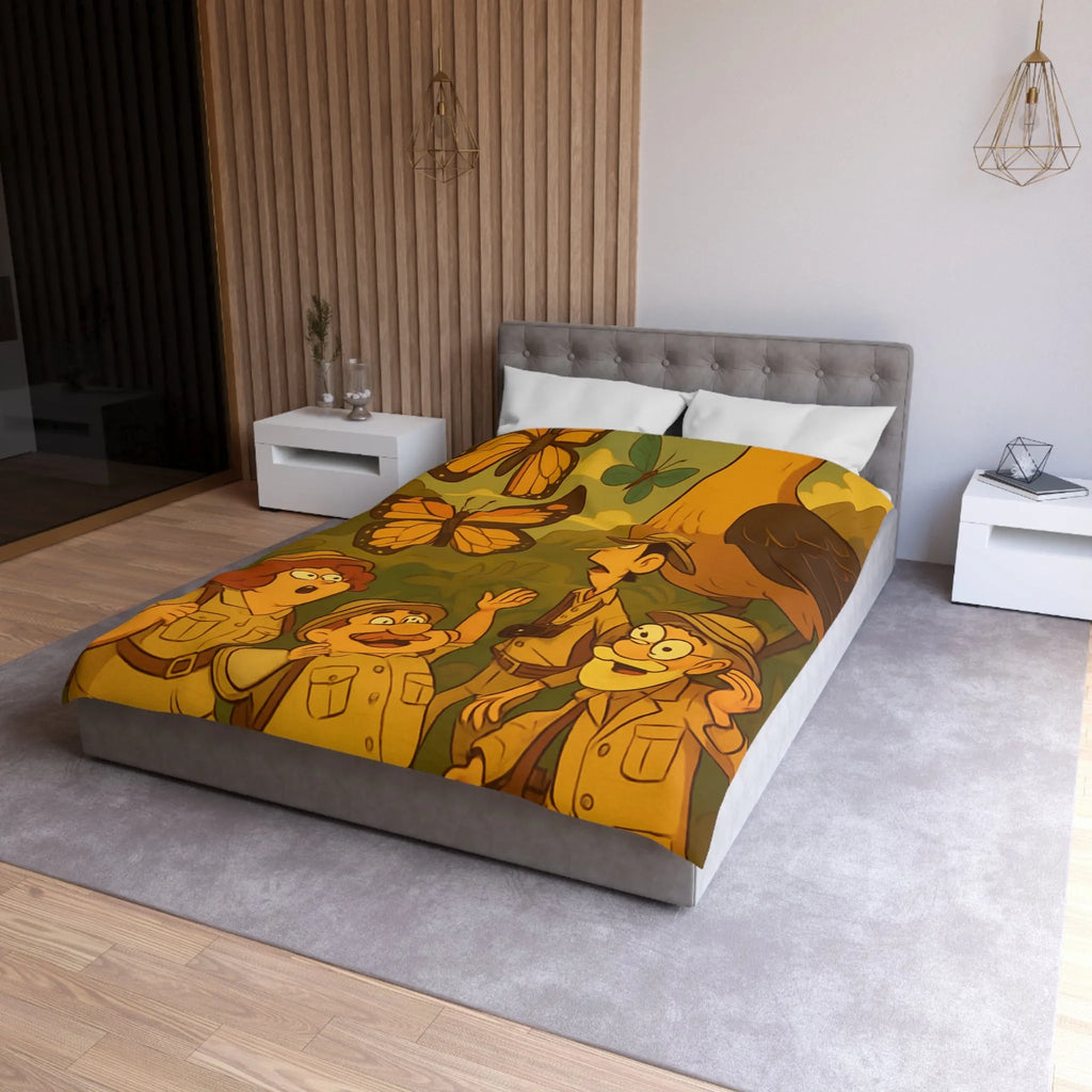 Housse de couette avec scène aventure jungle, explorateurs et faune tropicale colorée