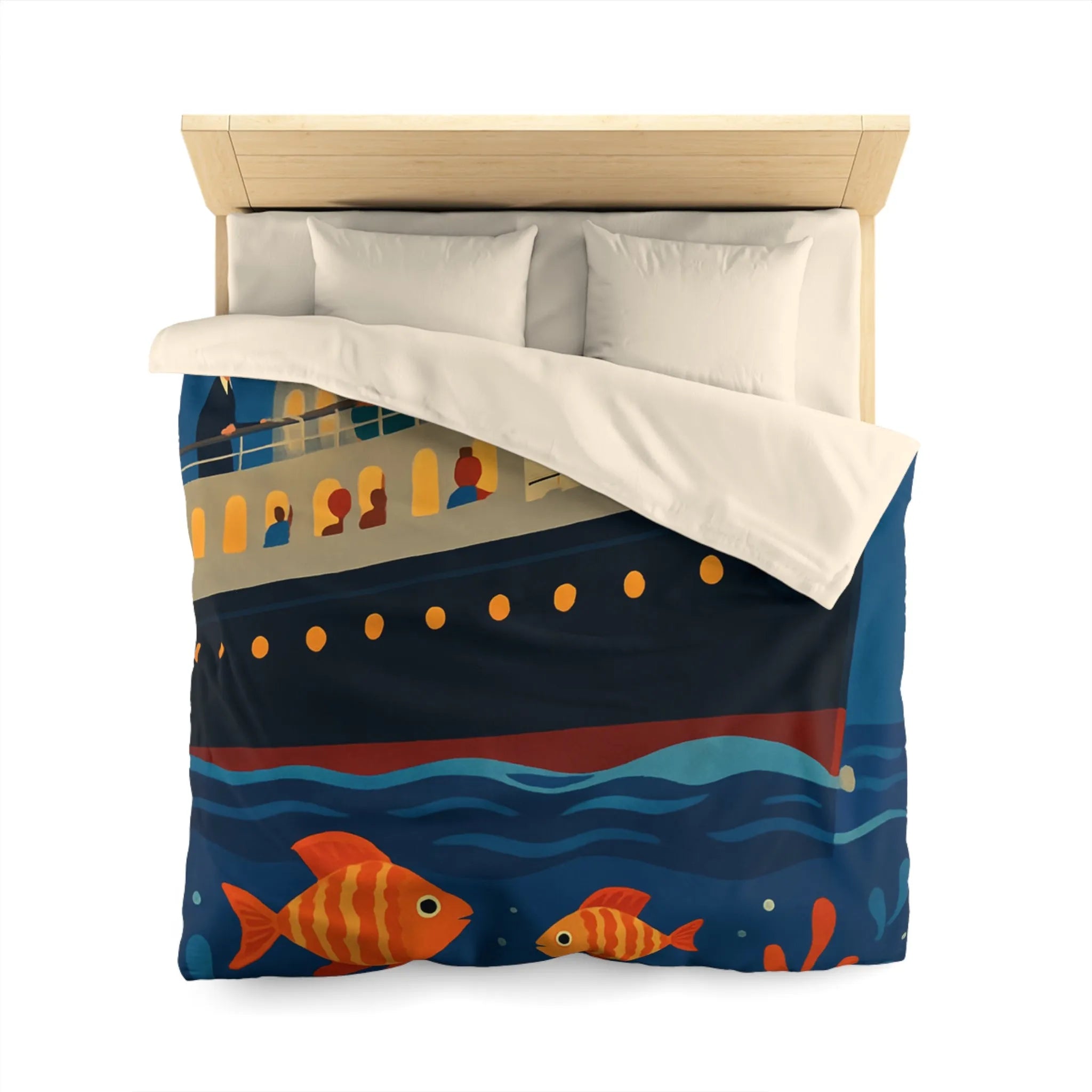 Housse de couette bateau rétro, poissons colorés, ambiance marine, nuit étoilée