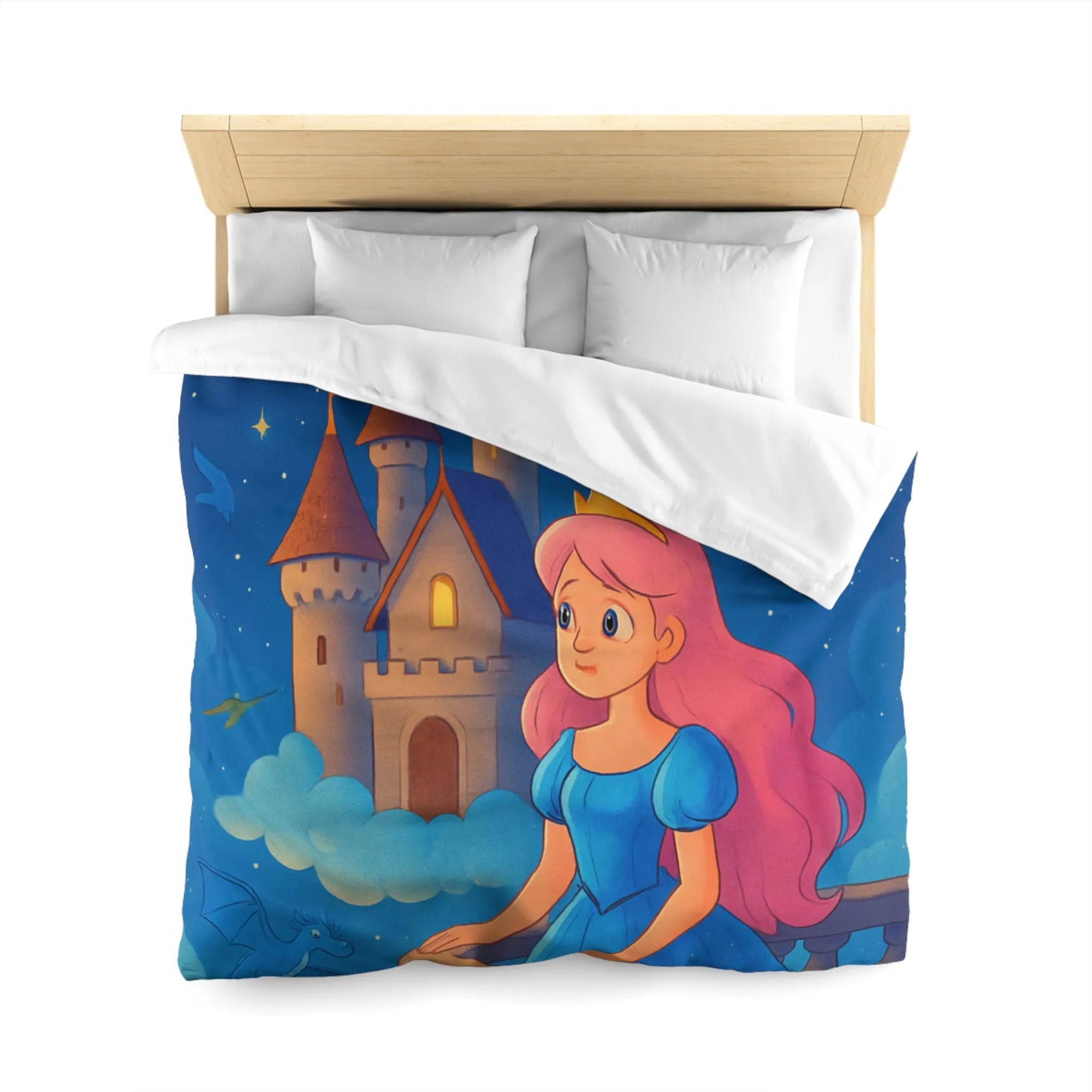 Housse de Couette Enfant Représentant Princesse et Dragons dans un Ciel Nocturne Magique