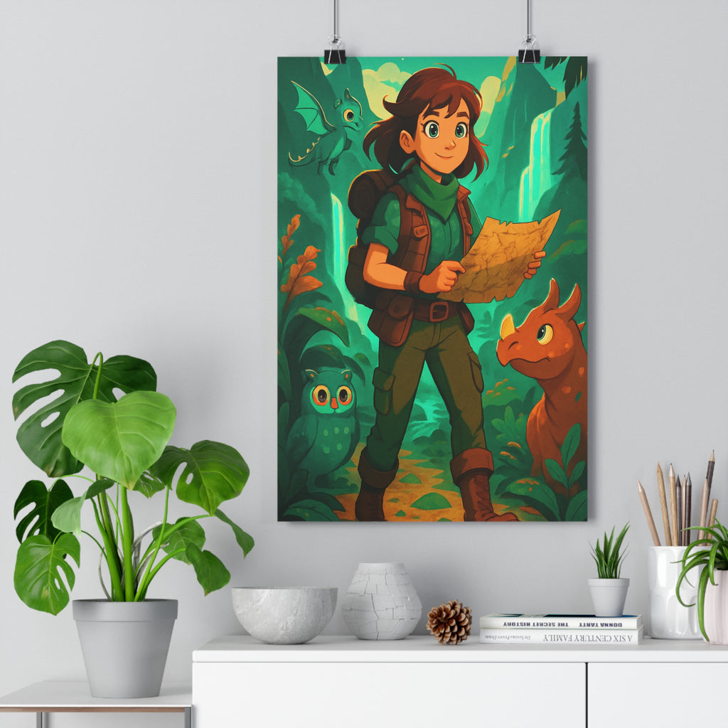 Poster décoratif fantasy aventure bleu vert enfant forêt créatures magique joyeux animé chambre salon