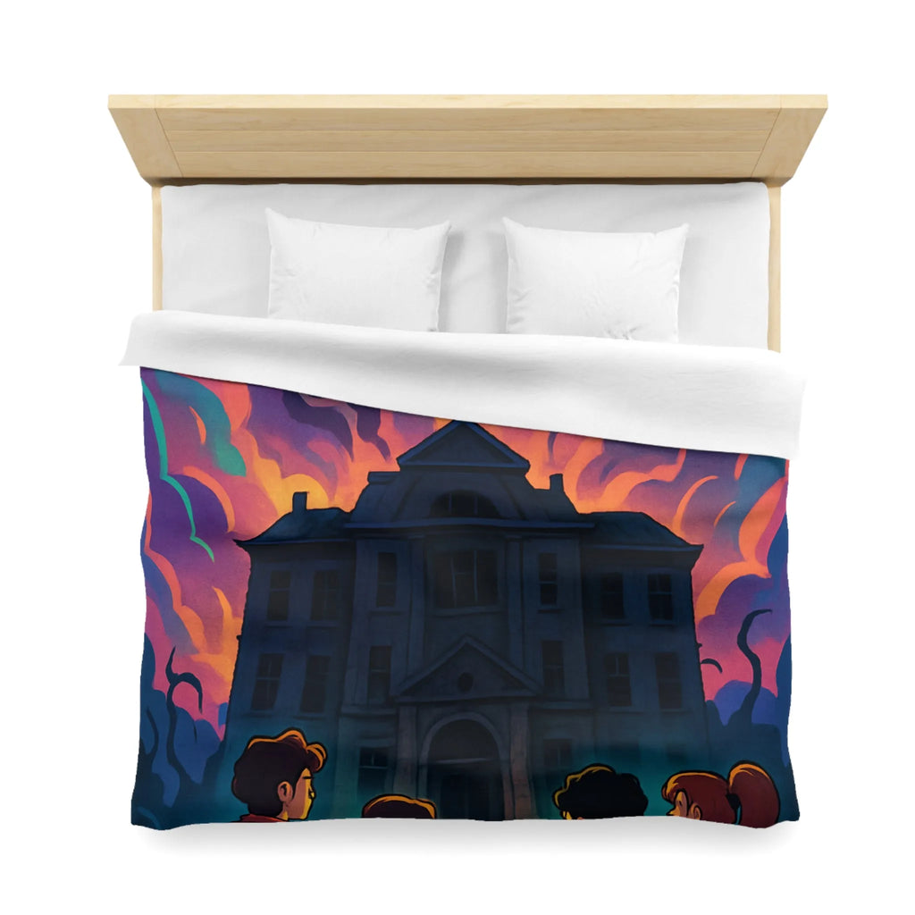 Housse de couette colorée avec maison hantée et nuages effrayants pour chambre inspirée