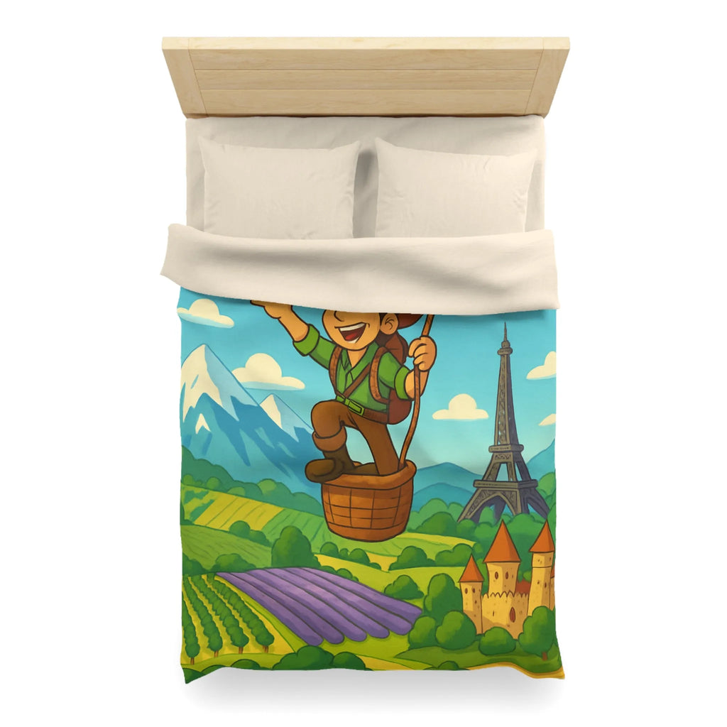 Charmant voyageur en montgolfière surplombant paysages français, champs et monuments emblématiques