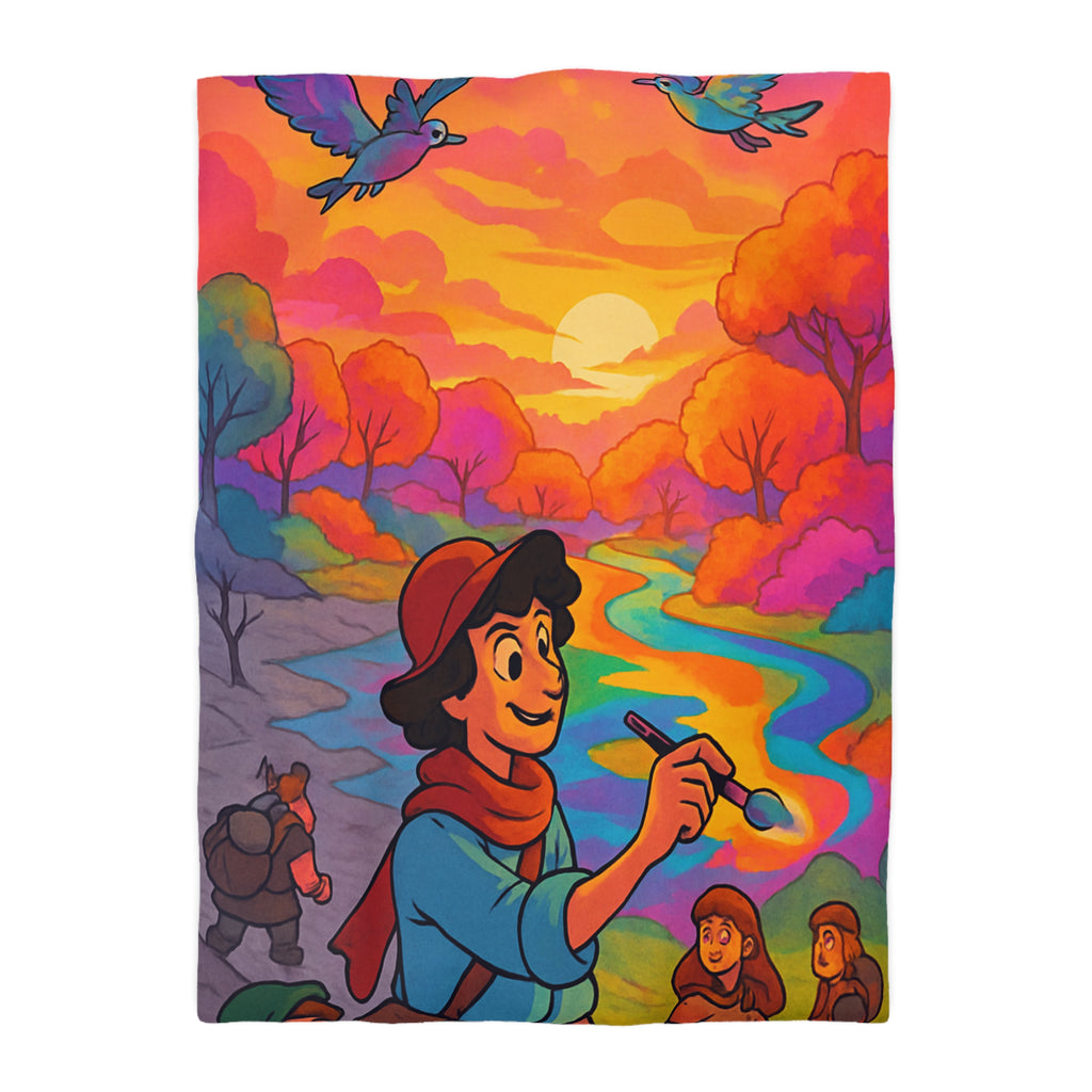 Housse de couette vibrante avec scène artistique de paysage coloré et aventure magique