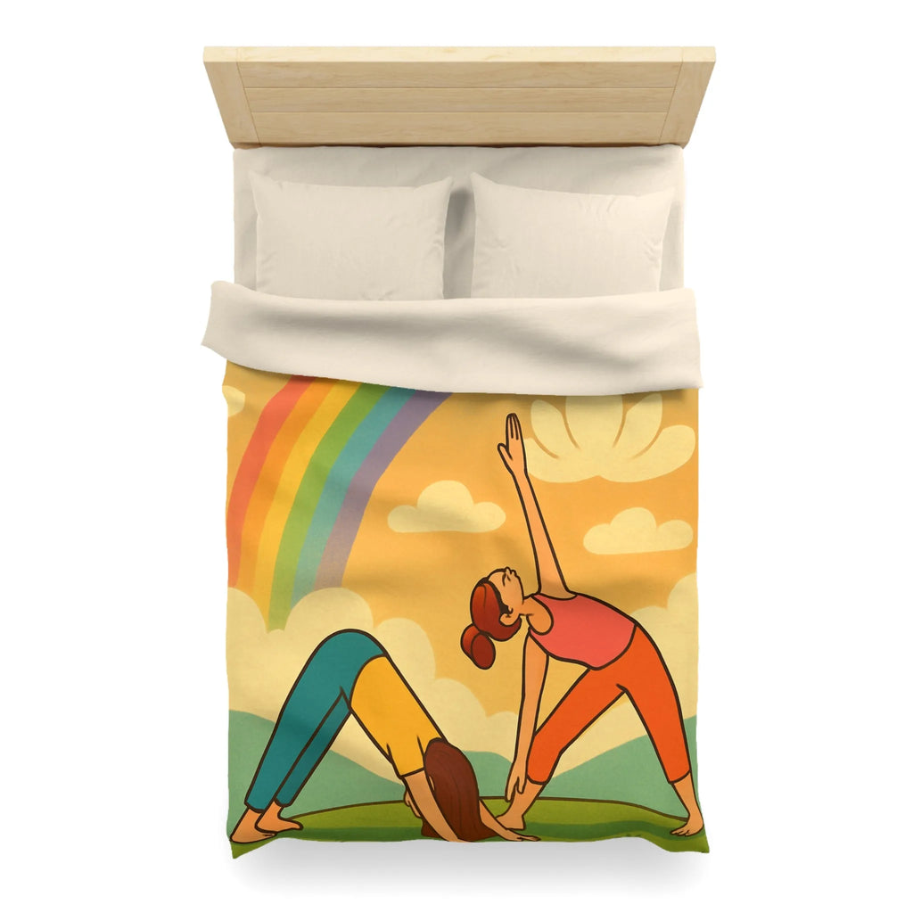 Housse De Couette Enfant Avec Arc-en-Ciel Coloré Et Personnages Pratiquant Le Yoga Énergique