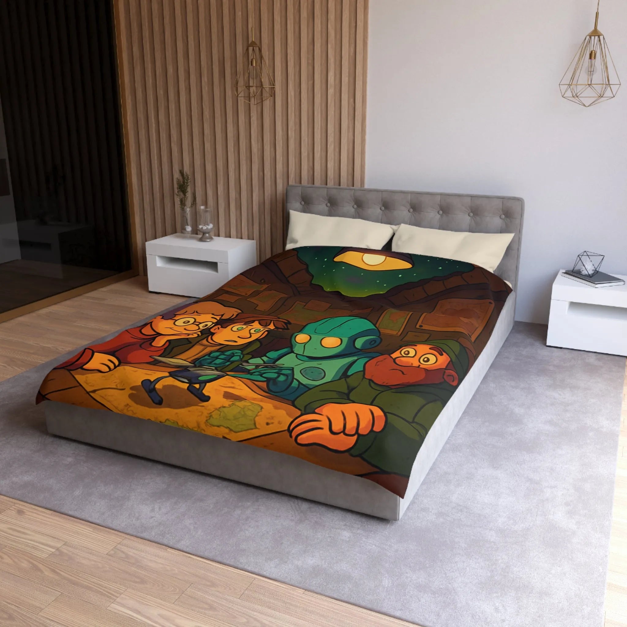 Housse de couette avec scène animée de nuit, stratégie autour de cartes et robot