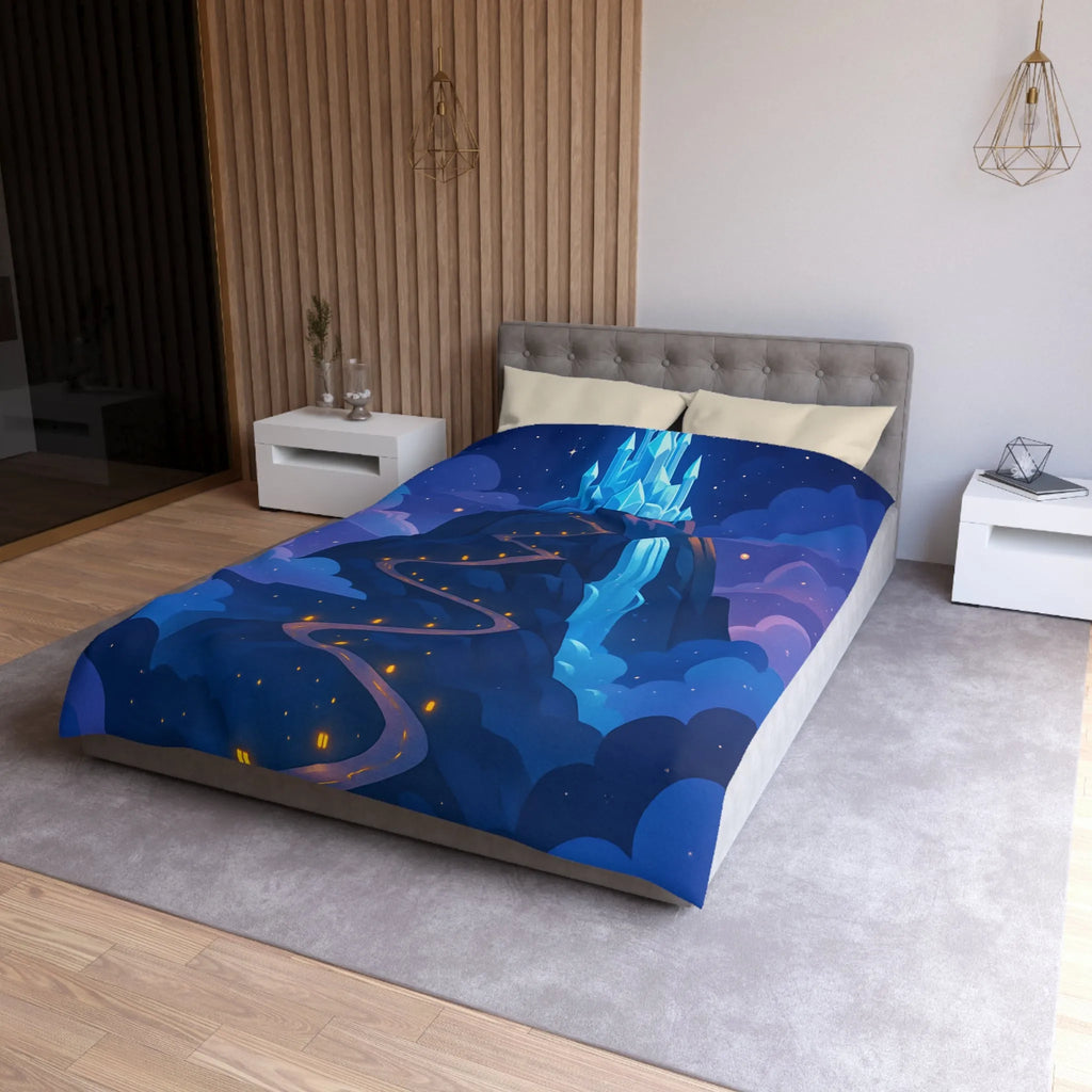 Housse de couette avec château glacé sur montagne illuminée sous ciel étoilé féerique