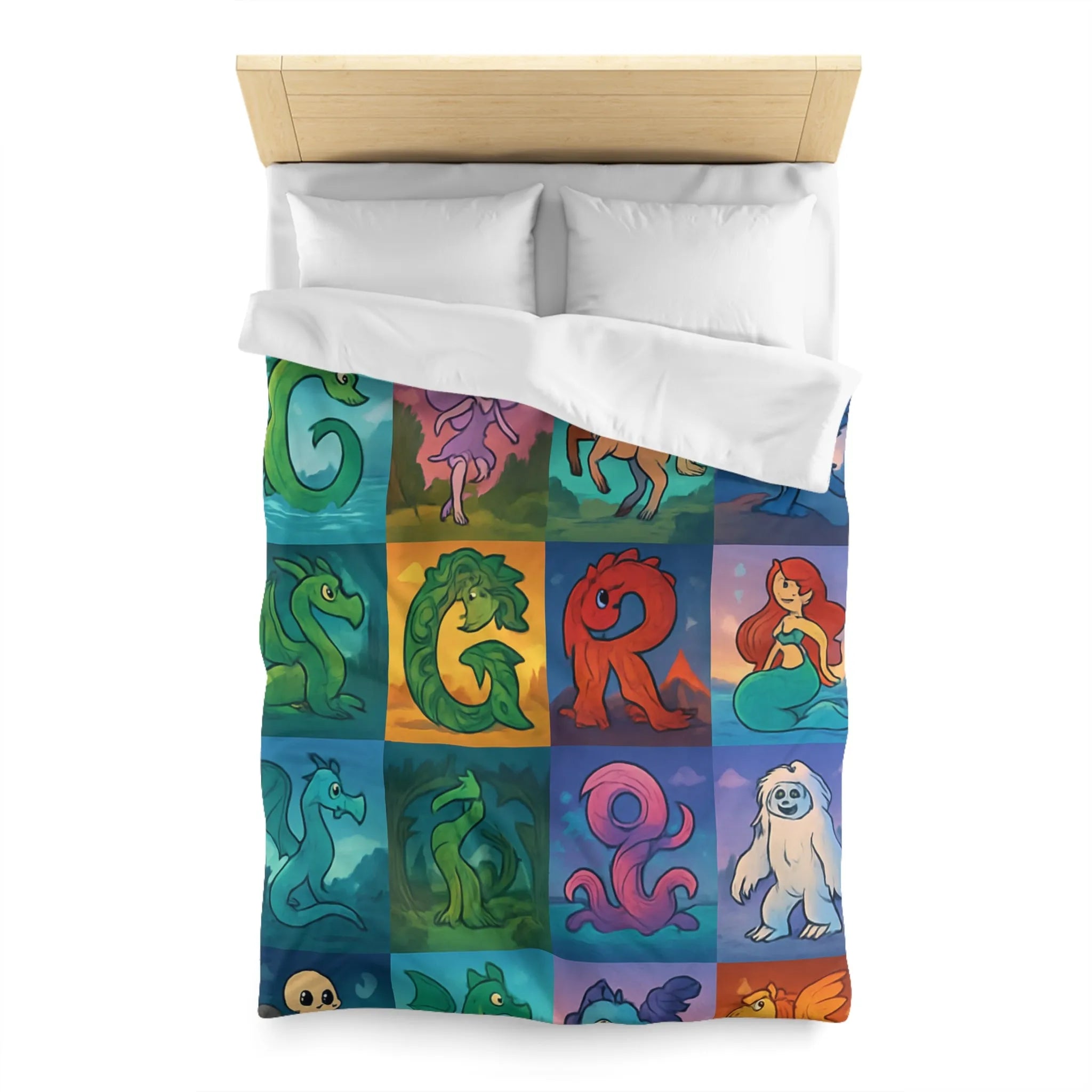 Housse de couette enchantée avec lettres magiques et créatures mythiques colorées