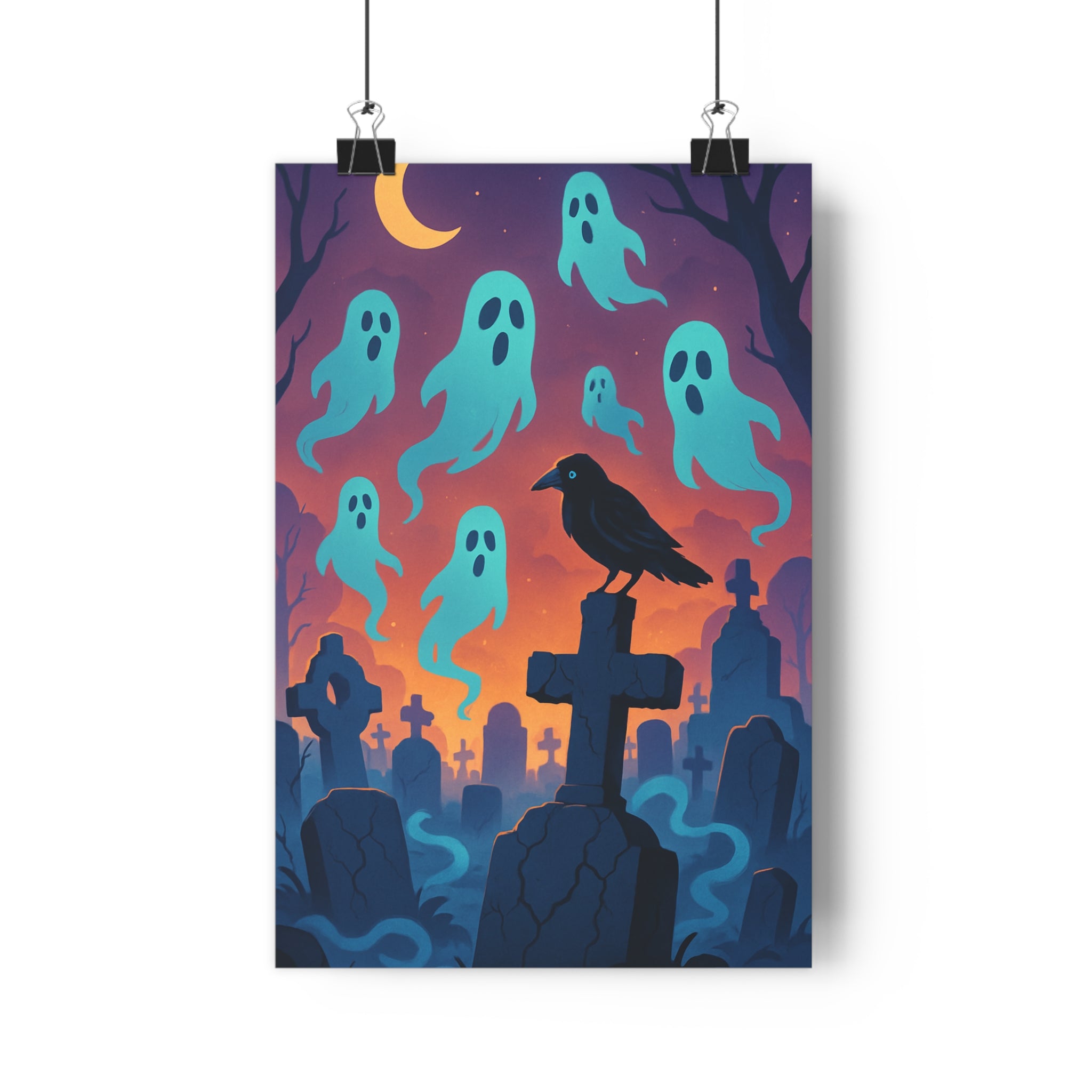 Poster décoratif crépusculaire bleu orange cartoon mystique gothique cimetière fantôme corbeau chambre salon unique